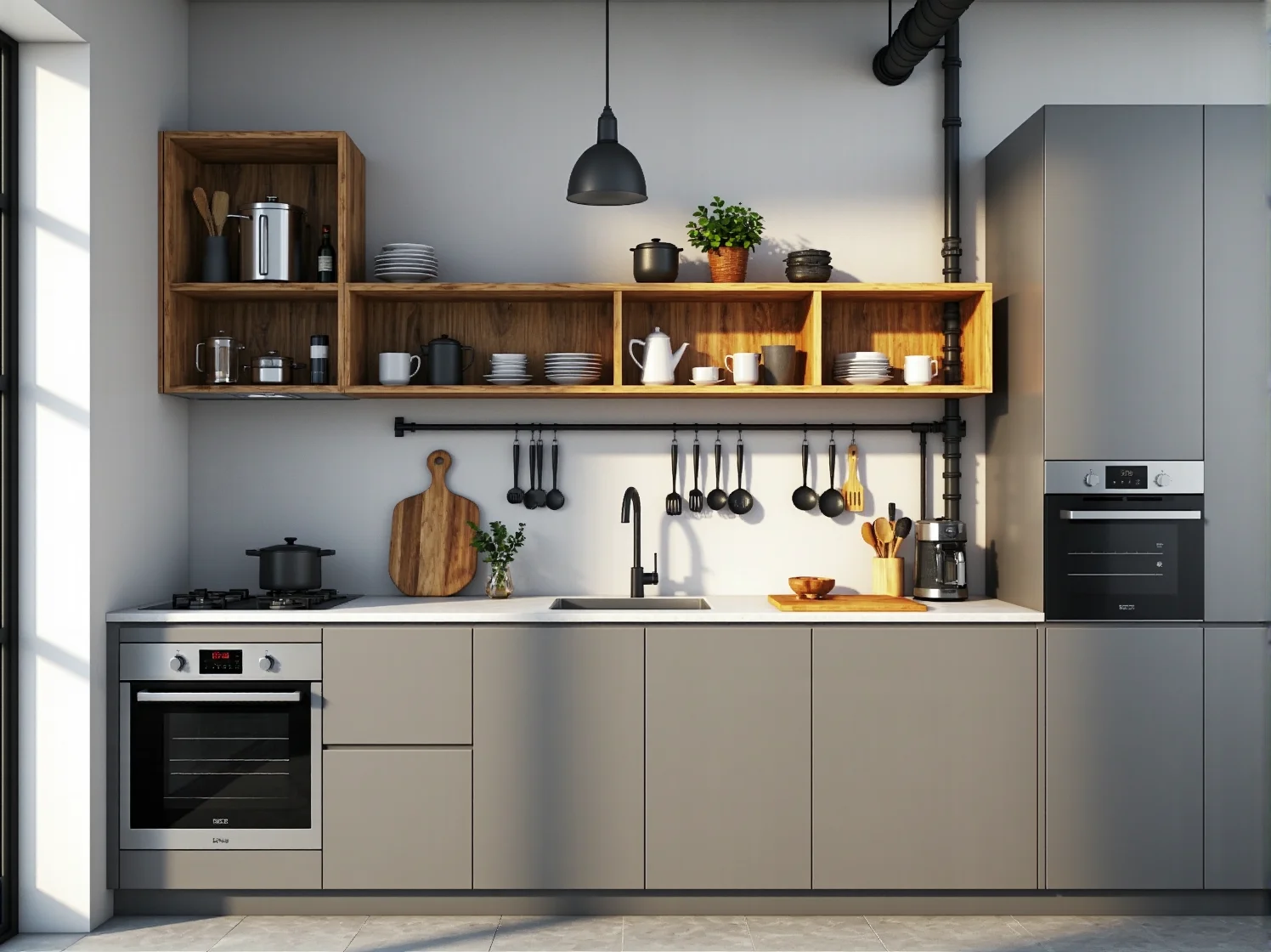 Antresola sypialniana w wysokim mikroapartamencie typu loft z przeszkloną barierką