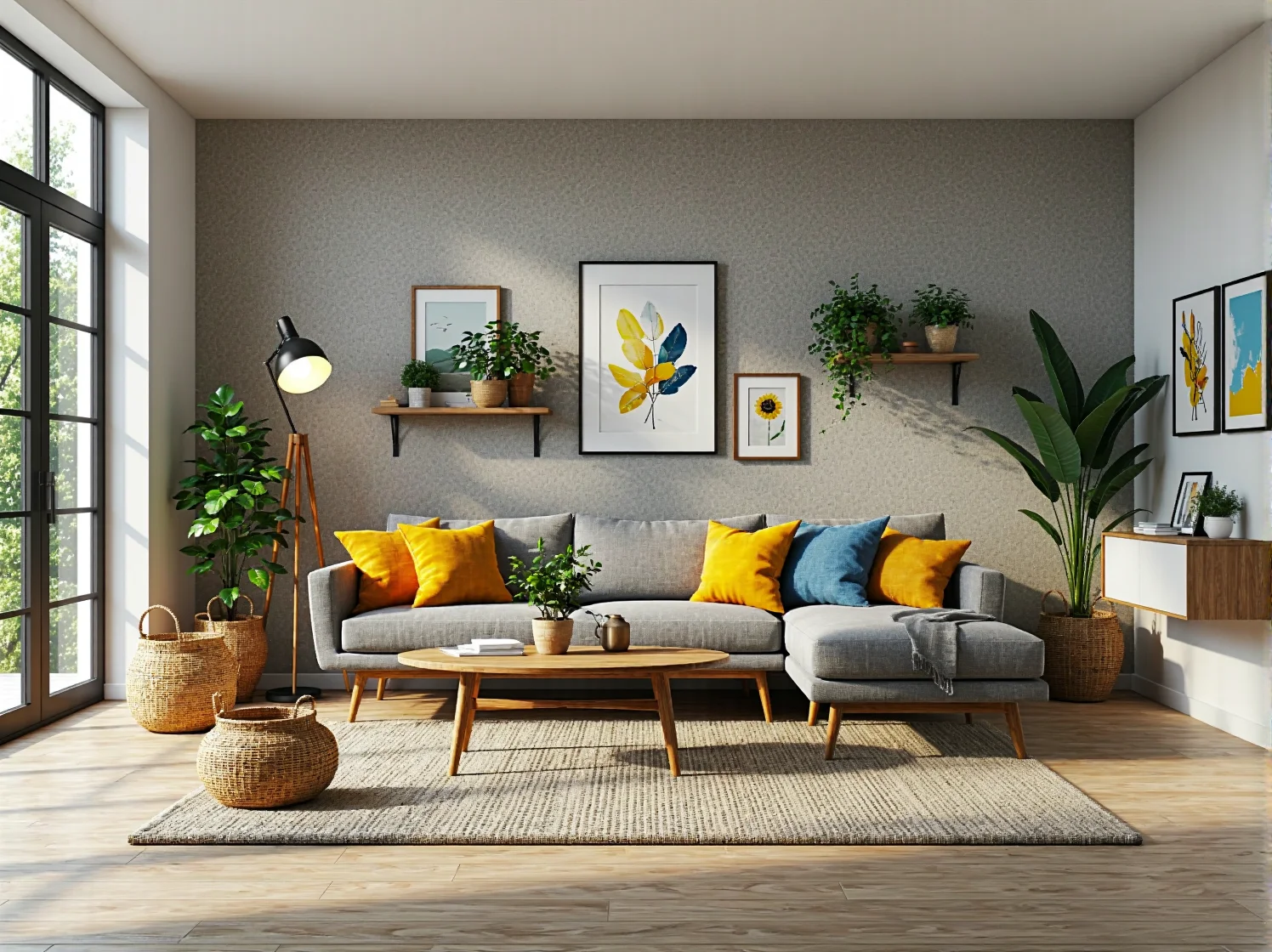 Aranżacja salonu vintage z ciepłym oświetleniem lampy stojącej i narożnikiem na nóżkach