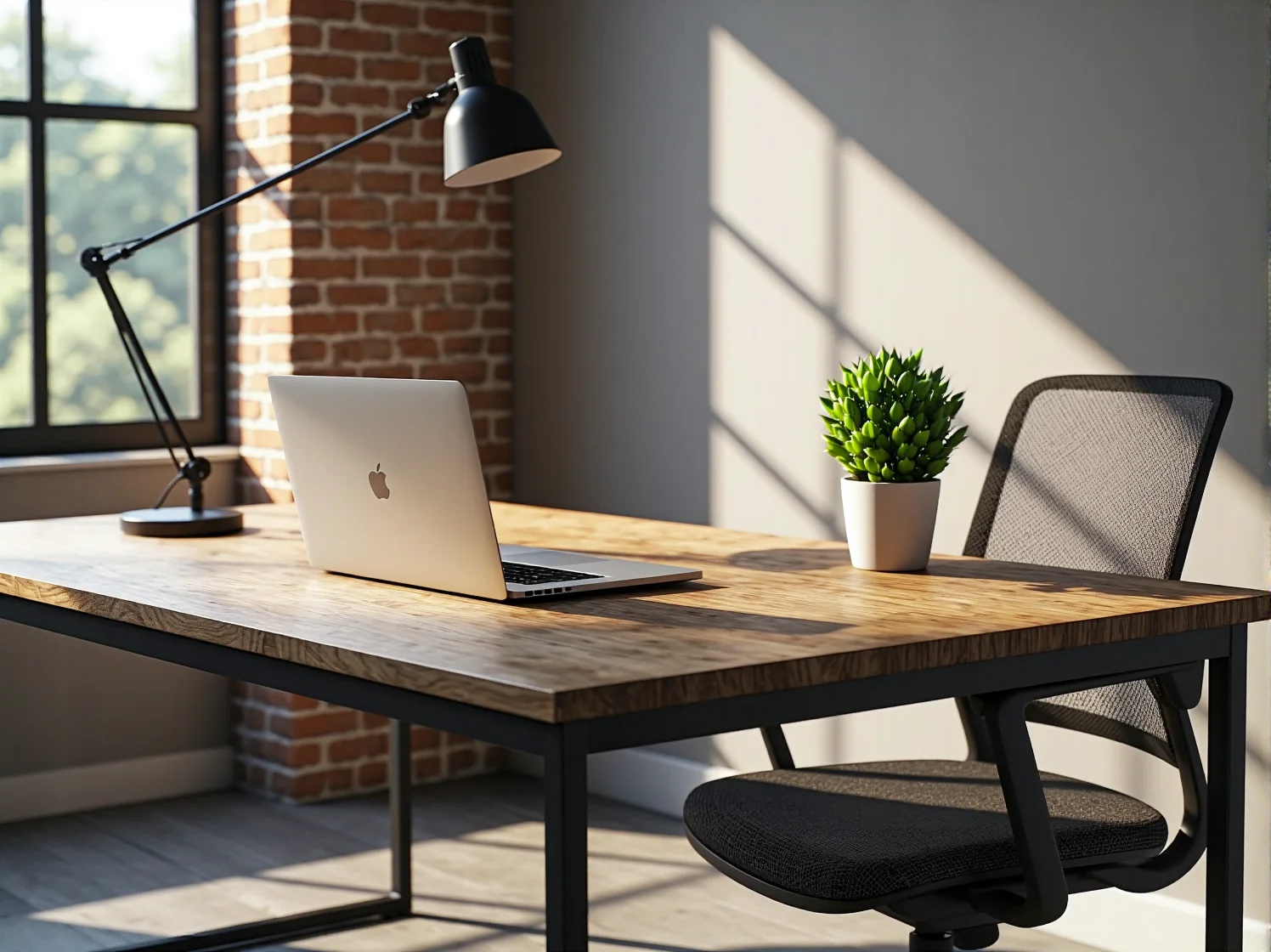 Solidne biurka loftowe z drewnianym blatem i metalowym stelażem w biurze