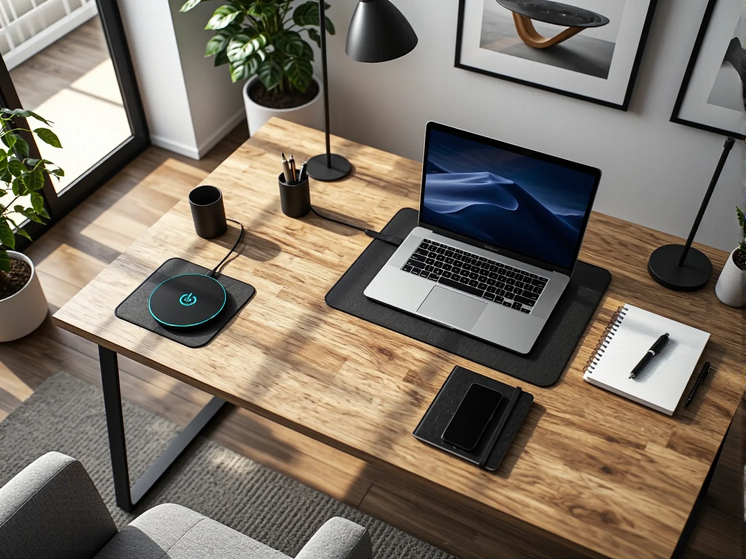 Biurko z ukrytym systemem ładowania i zabezpieczeniem przed przegrzaniem