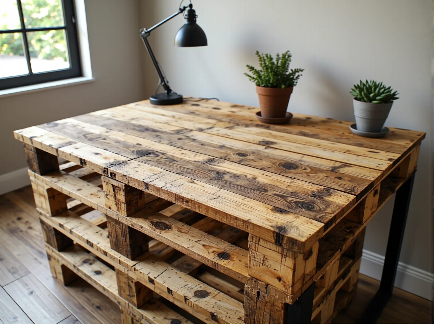 Biurko wykonane z europalet w ekologicznym biurze stylu zero waste