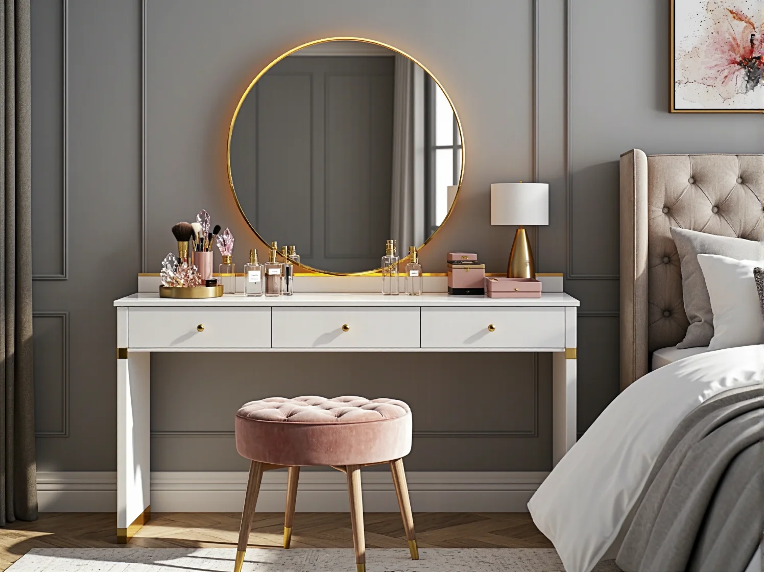 Czarna komoda na złotych nóżkach w eleganckiej aranżacji wnętrza glamour.