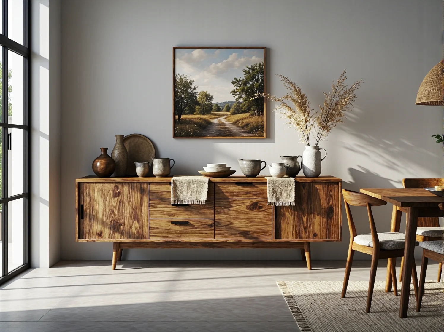 Zestaw drewnianych krzeseł rustykalnych przy stole z dekoracjami z naturalnych materiałów