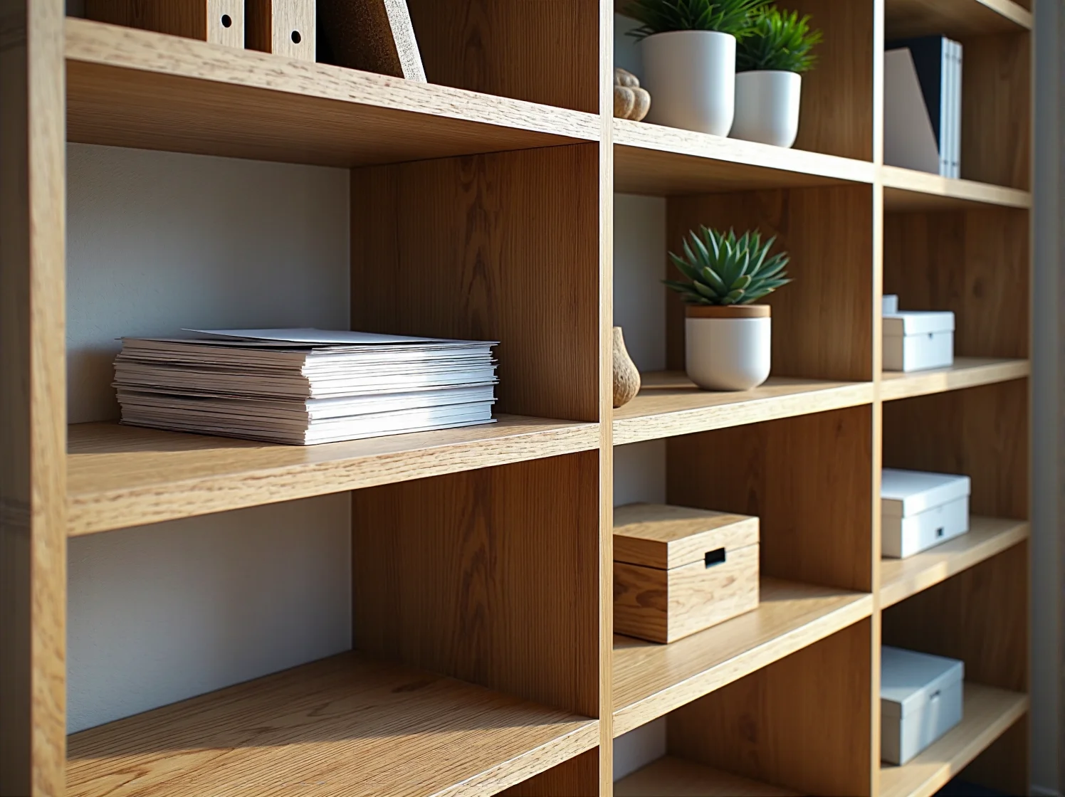 Detal półki z litego drewna z certyfikatem FSC w biurze typu open space