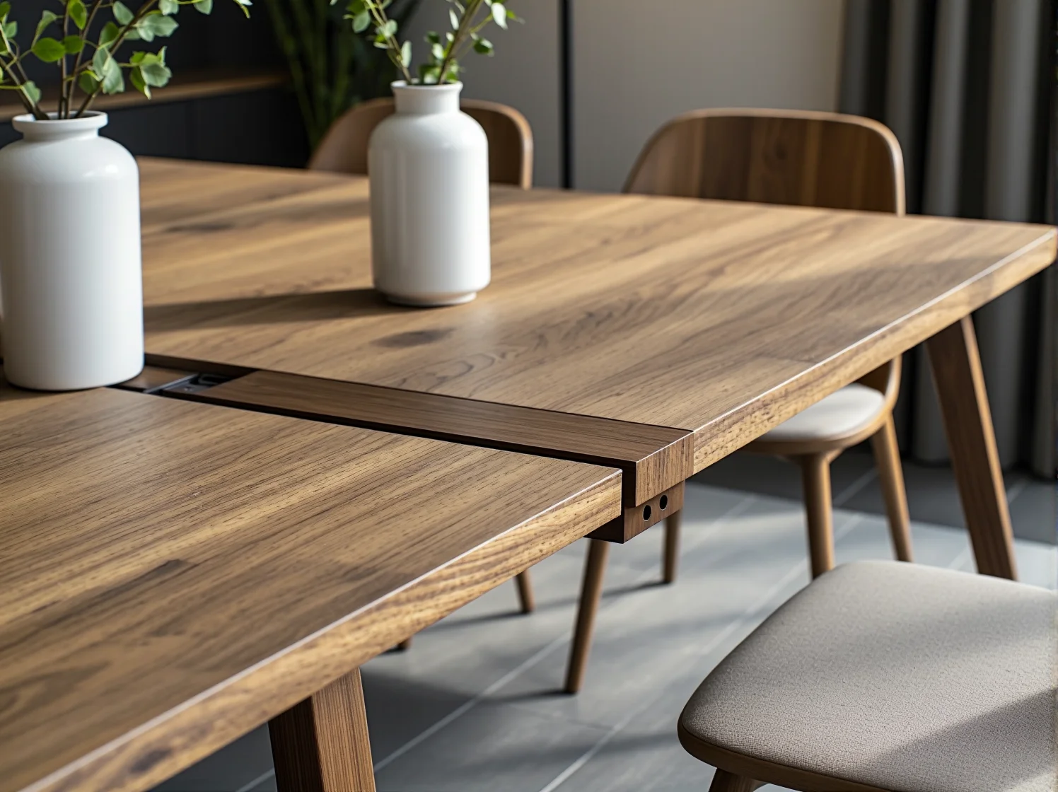 Drewniany stół jadalniany z funkcją rozkładania i białymi krzesłami