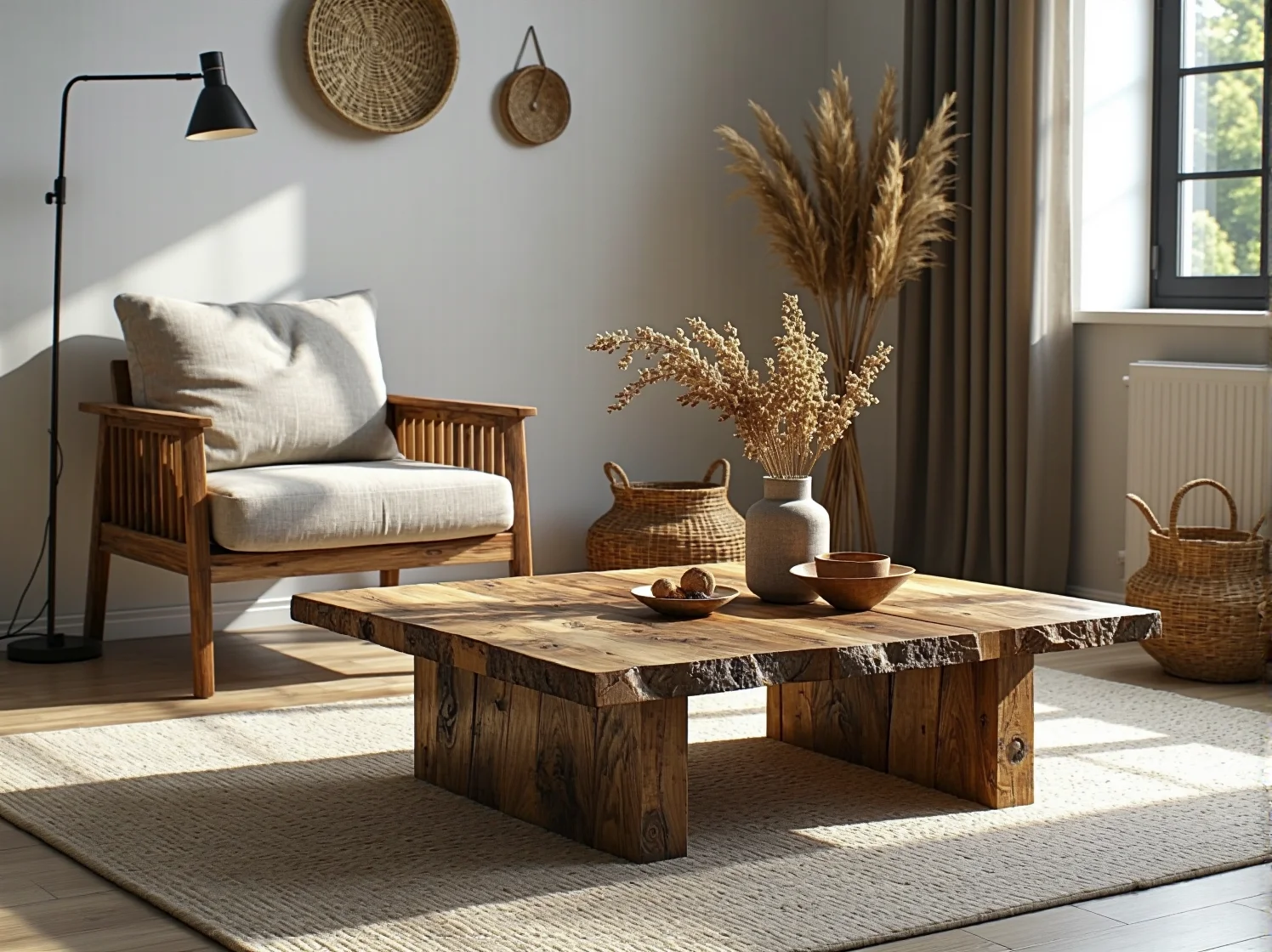 Okrągły stolik kawowy z elementami drewna w ekologicznym salonie z filiżanką kawy i książką.