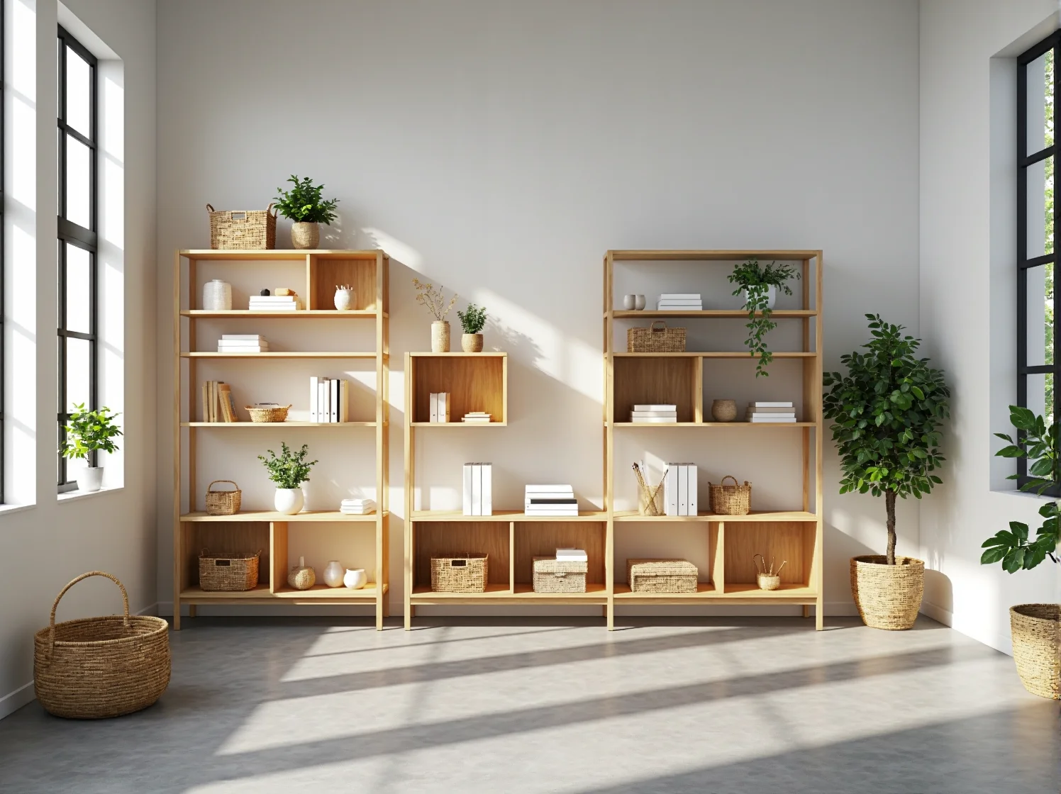 Skandynawski regał drewniany z otwartymi półkami w kolorze naturalnego dębu