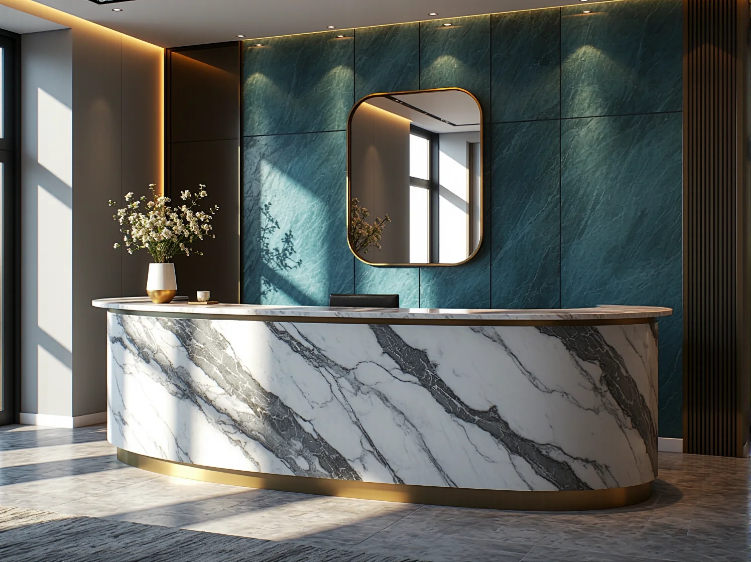 Detale wykończenia biura: marmurowe blaty i złote akcenty dekoracyjne.