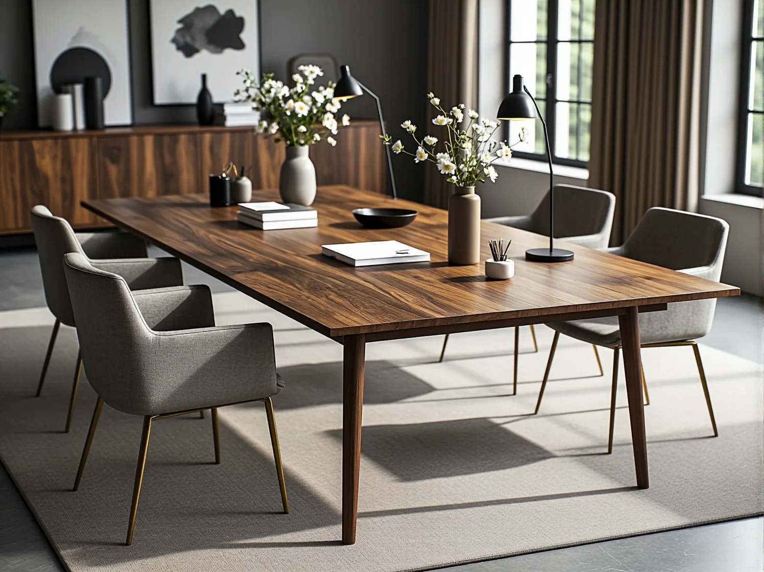 Eleganckie biurka ze szkła i metalu w strefie open space budynku publicznego.