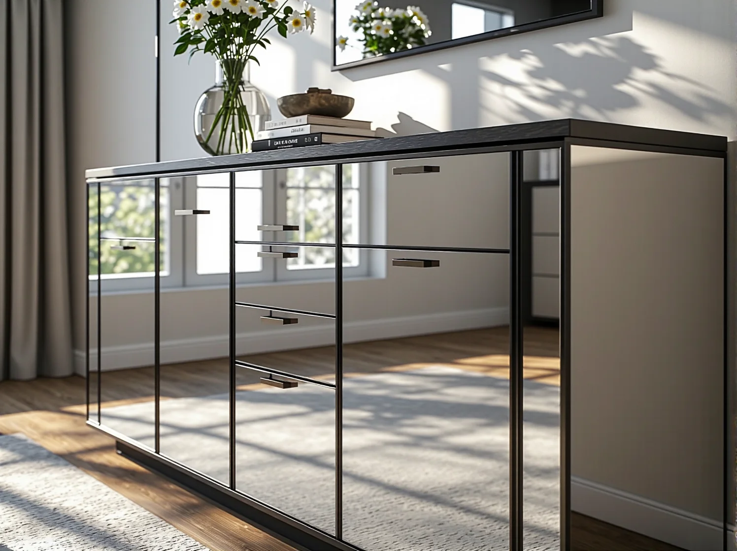 Złote detale i połyskujące fronty szafek w aranżacji wnętrza, podkreślające luksusowy charakter stylu glamour.