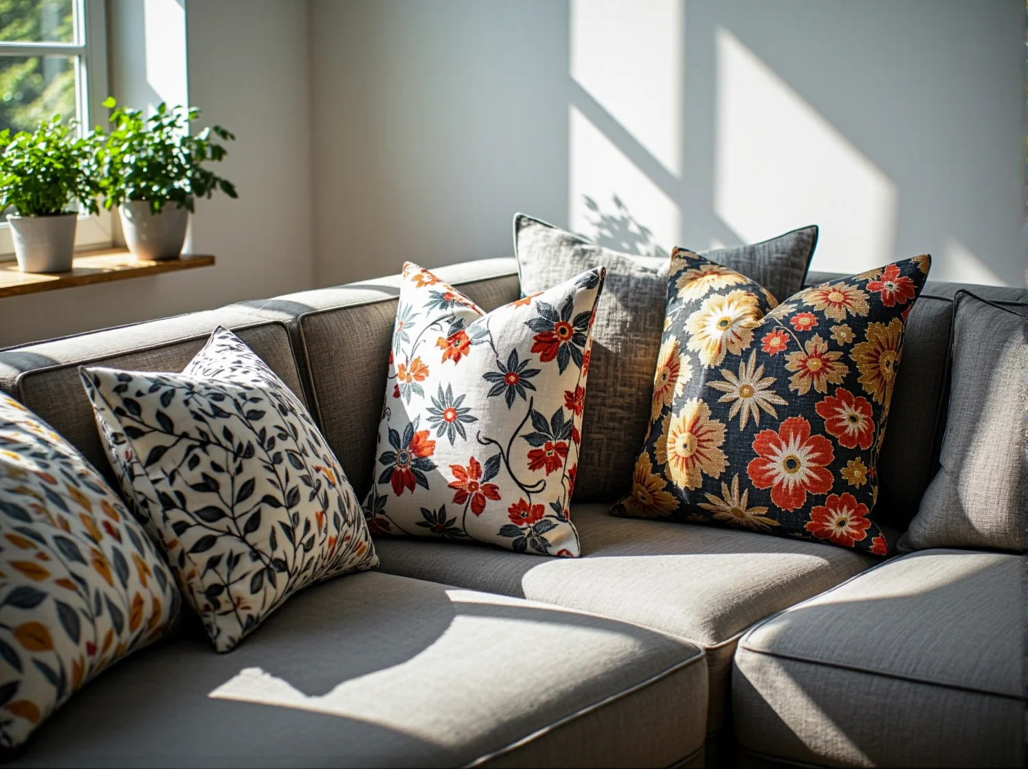 Aranżacja starej sofy z modnym pledem i dekoracyjnymi tekstyliami