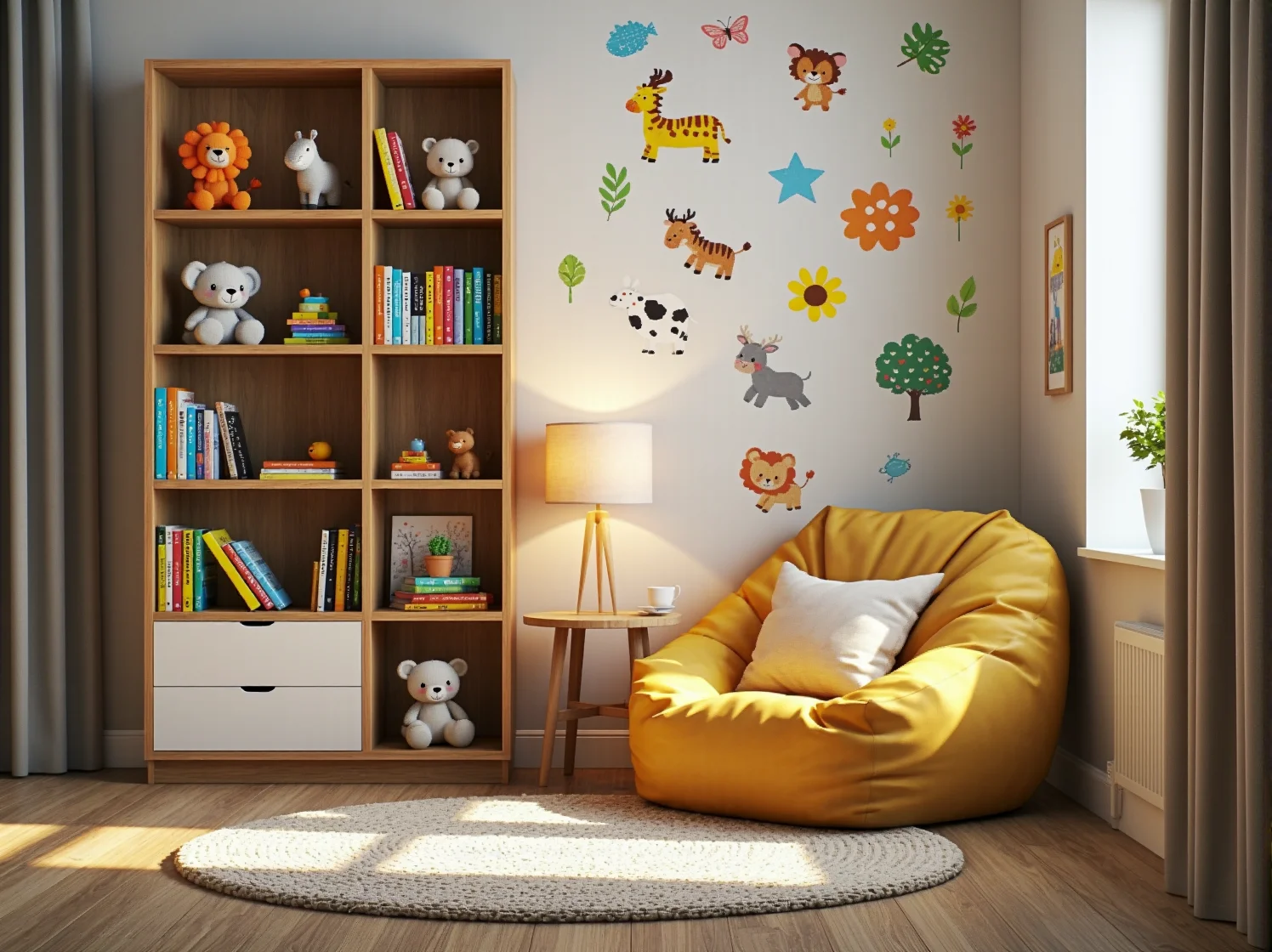 Jasne kolory mebli dziecięcych powiększające optycznie mały pokój, minimalistyczny design.