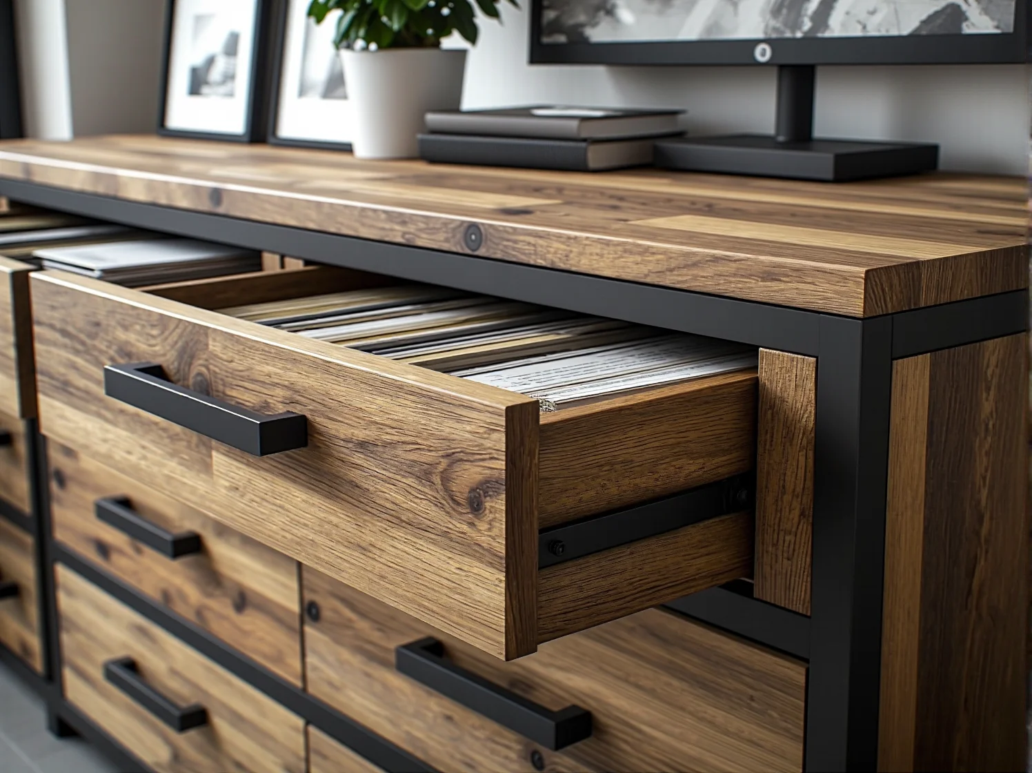 Otwarta szuflada drewnianej komody wypełniona teczkami i segregatorami biurowymi