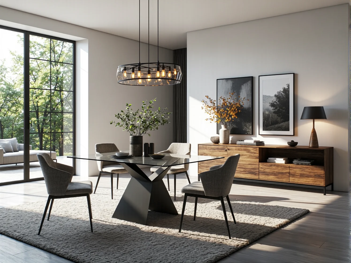 Funkcjonalna komoda glamour z ukrytymi szufladami pomagająca utrzymać idealny porządek w otwartej strefie dziennej.