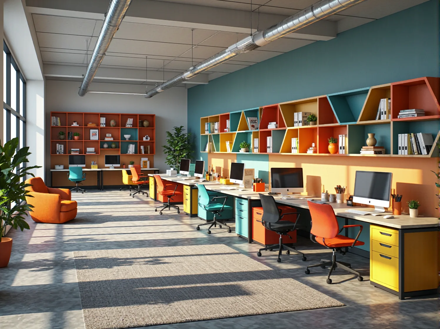 Nowoczesne laptopy na odnowionych biurkach z PRL w przestrzeni do pracy wspólnej.