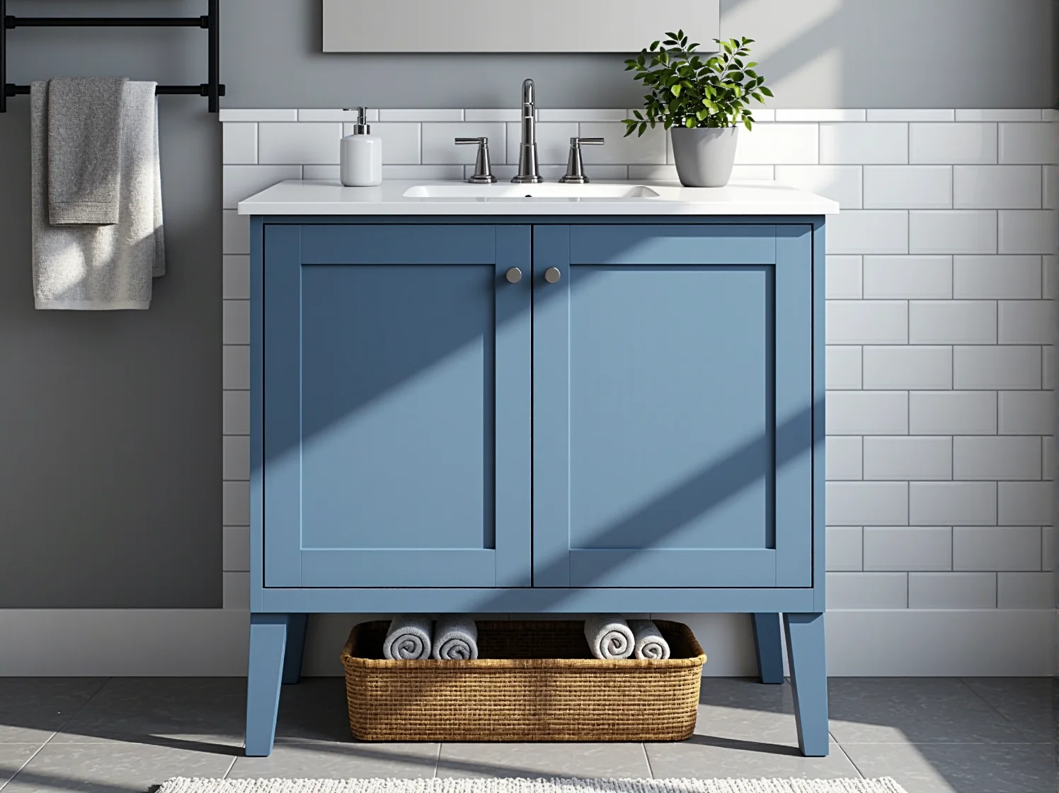 Lakierowana szafka łazienkowa niebieska z umywalką i chromowanymi uchwytami