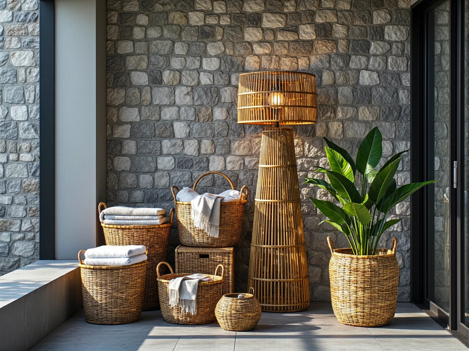 Nastrojowe oświetlenie tarasu wiszącą lampą z plecionego rattanu w stylu scandi