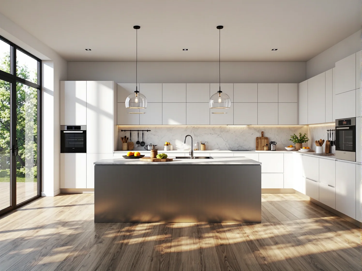 Szklana lampa wisząca z przezroczystym kulistym kloszem do kuchni