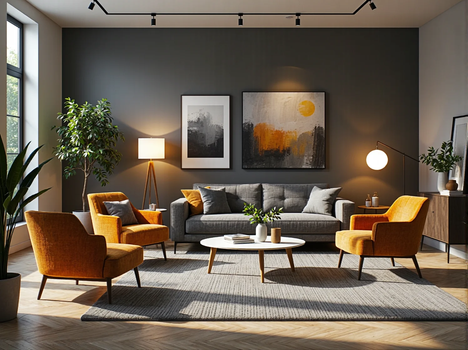 Szara sofa trzyosobowa z dwoma fotelami w kolorze musztardowym