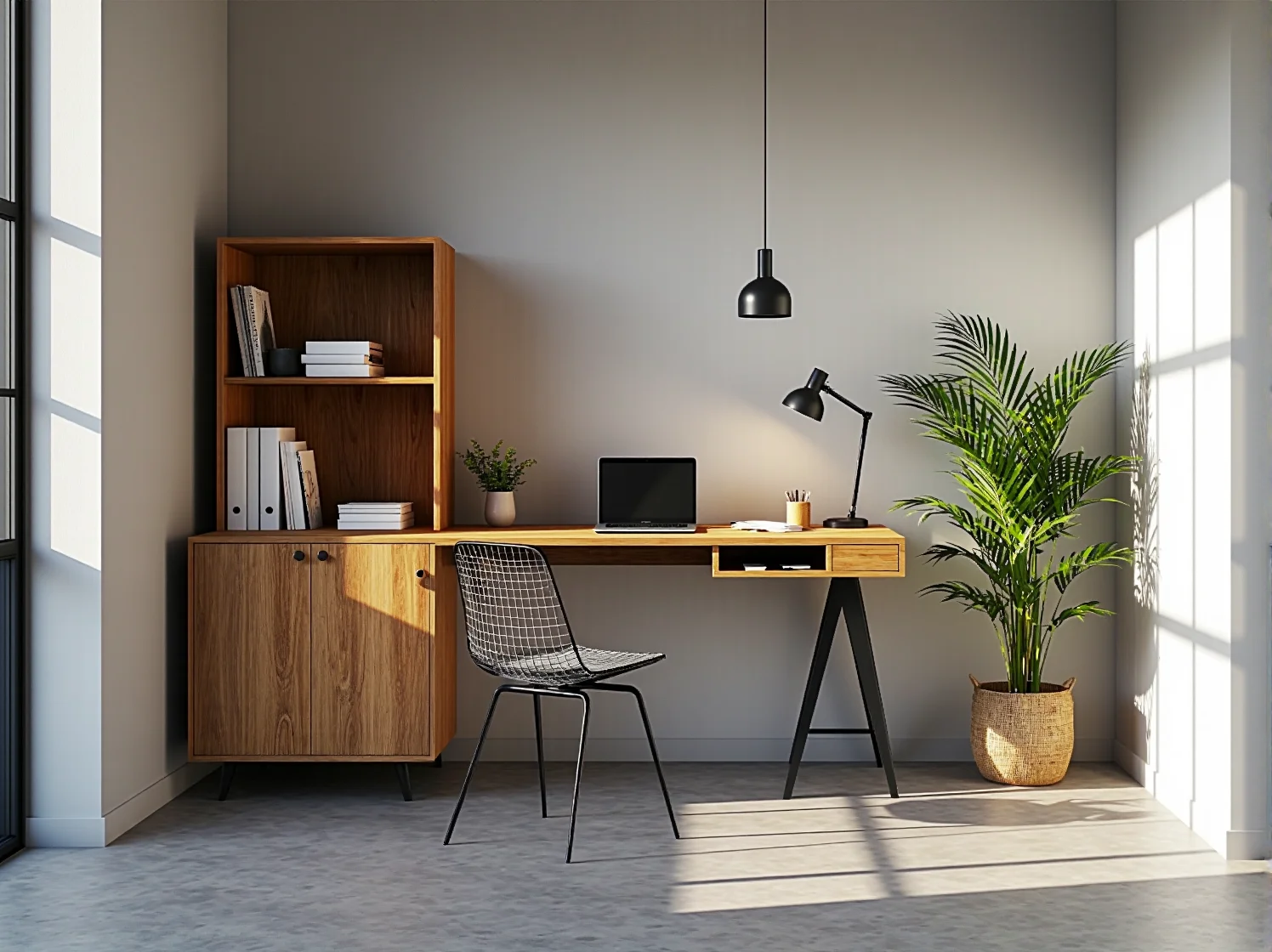 Łazienka w stylu industrialnym z lustrem w czarnej ramie i surowym oświetleniem na kablach