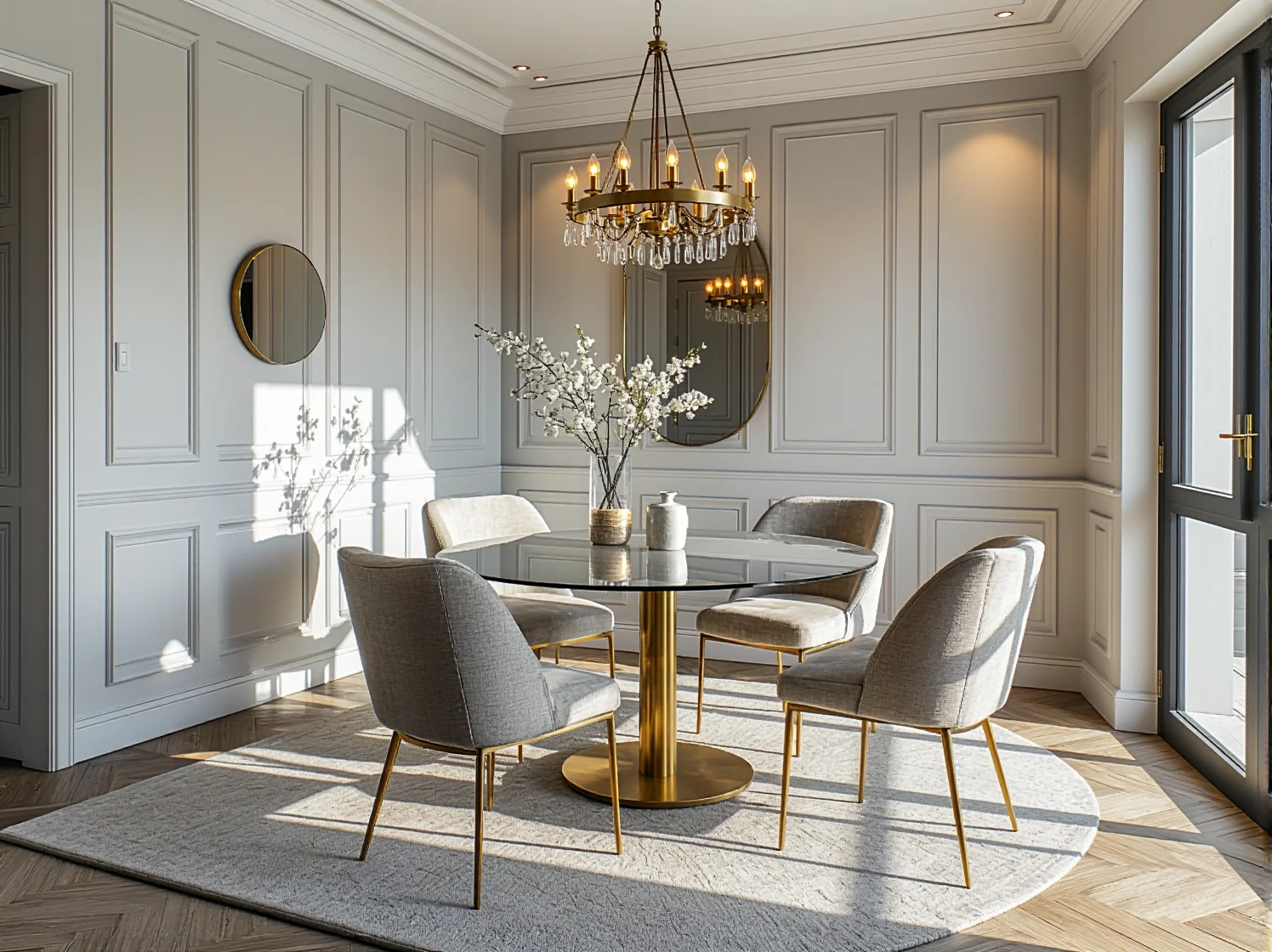 Lustrzana komoda i kryształowe oświetlenie w małej sypialni glamour