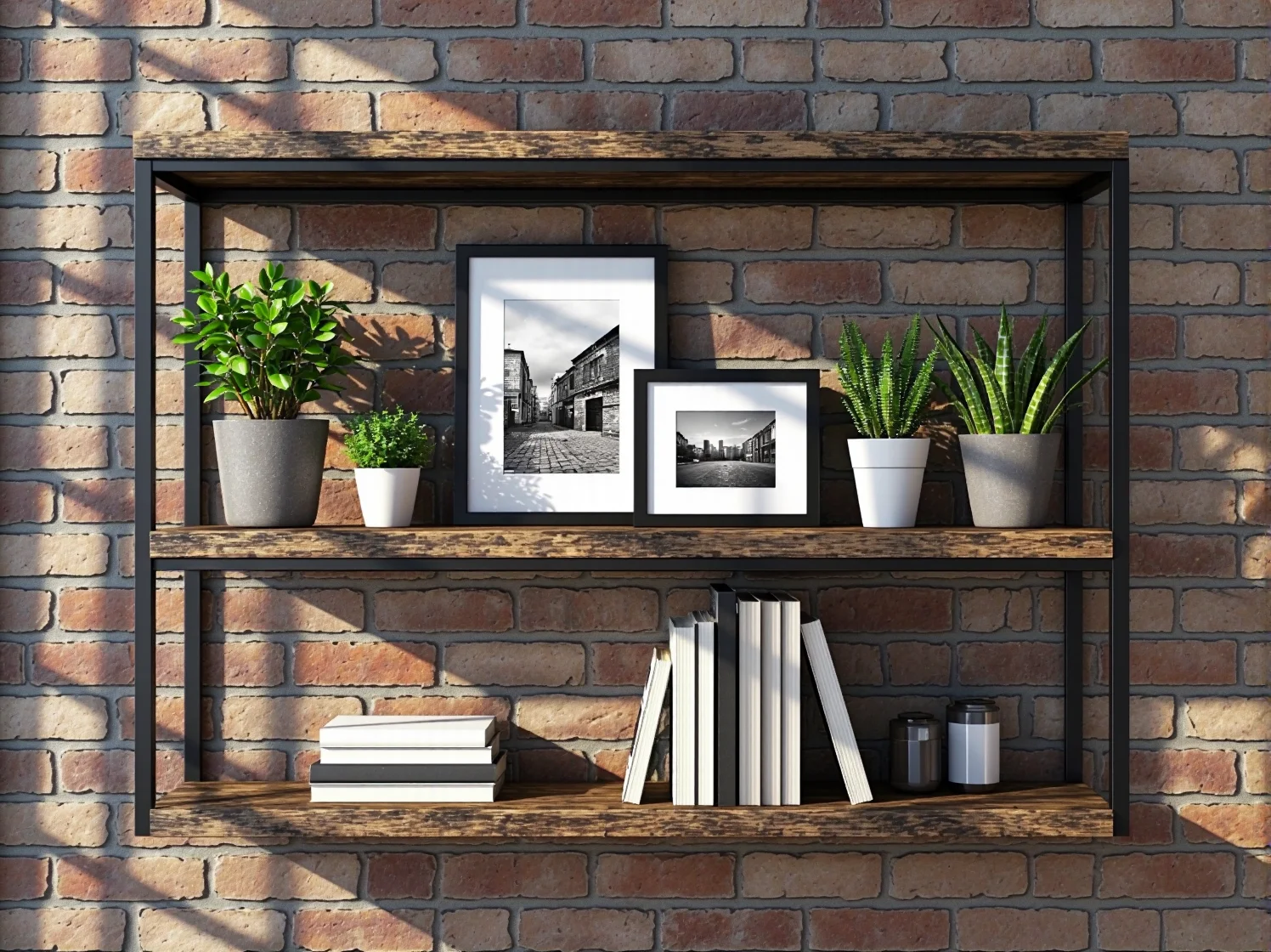 Mała kuchnia industrialna z betonem architektonicznym i otwartymi półkami na metalowym stelażu