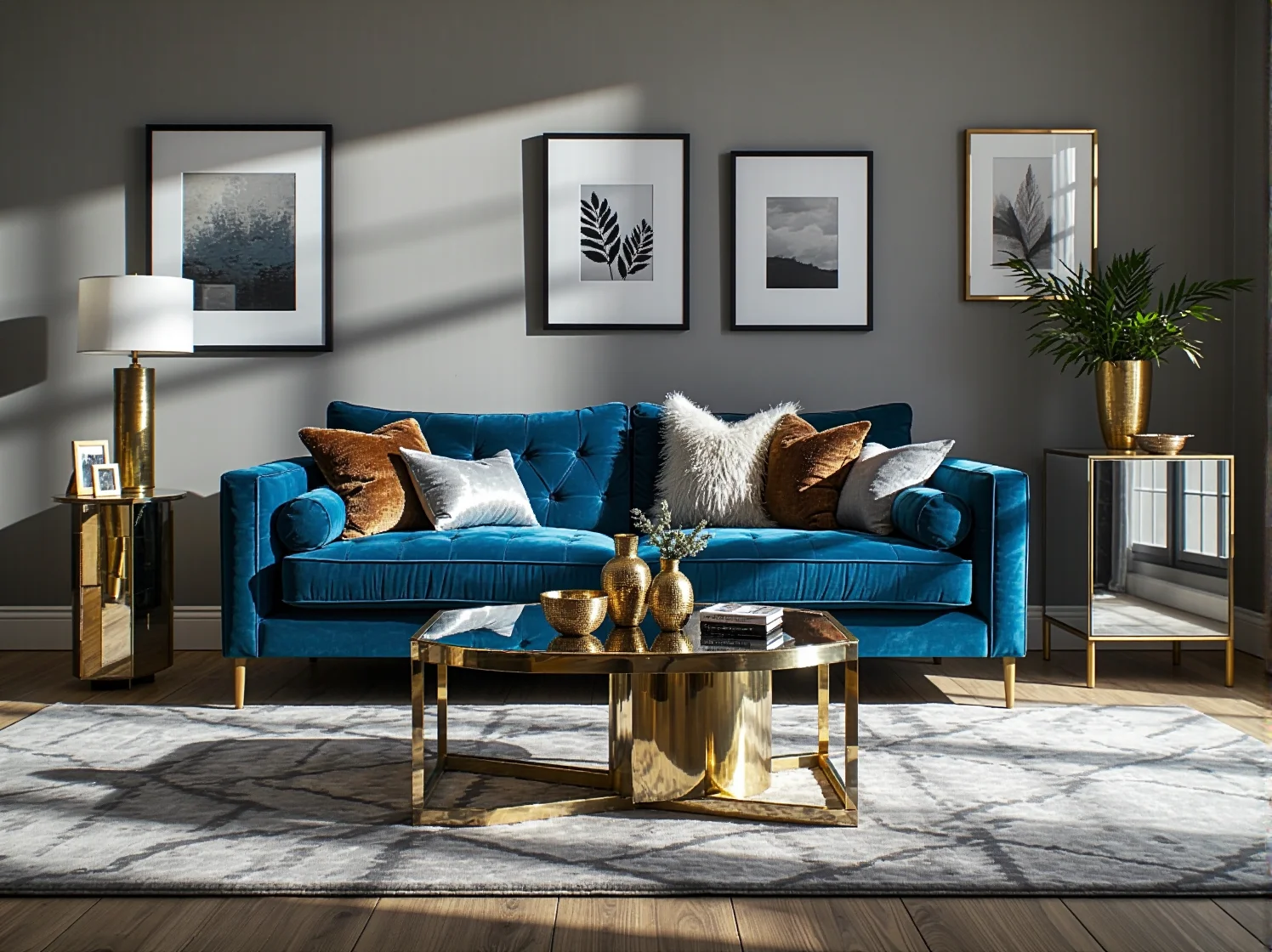 Elegancka sofa welurowa turkusowa ze złotymi nóżkami