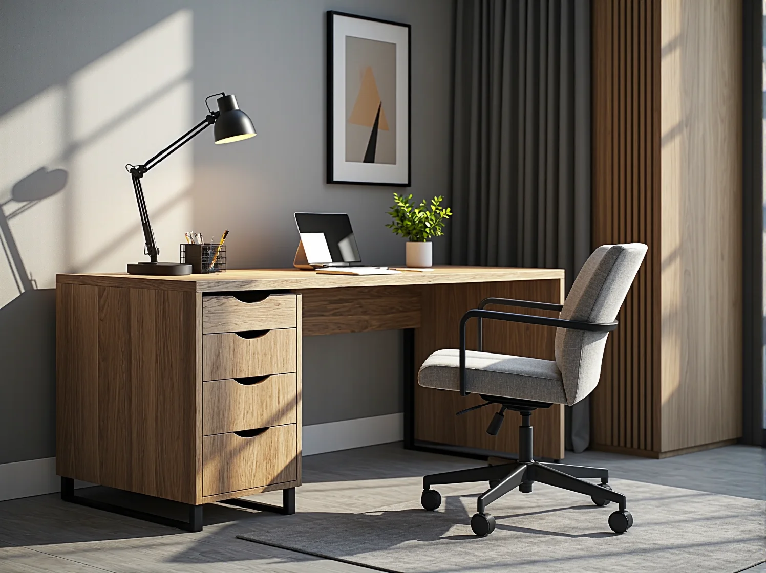 Ergonomiczne fotele skórzane i biurka z litego drewna w prestiżowej przestrzeni biurowej.