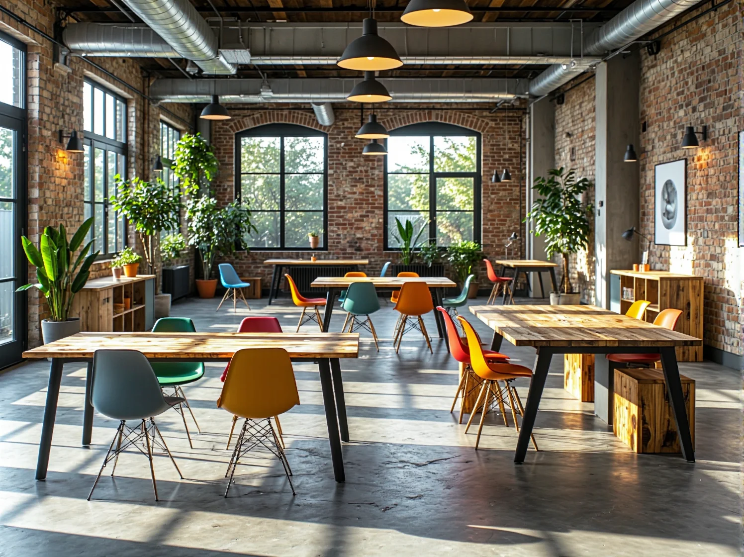 Stoły coworkingowe z drewna z recyklingu z kolorowymi krzesłami