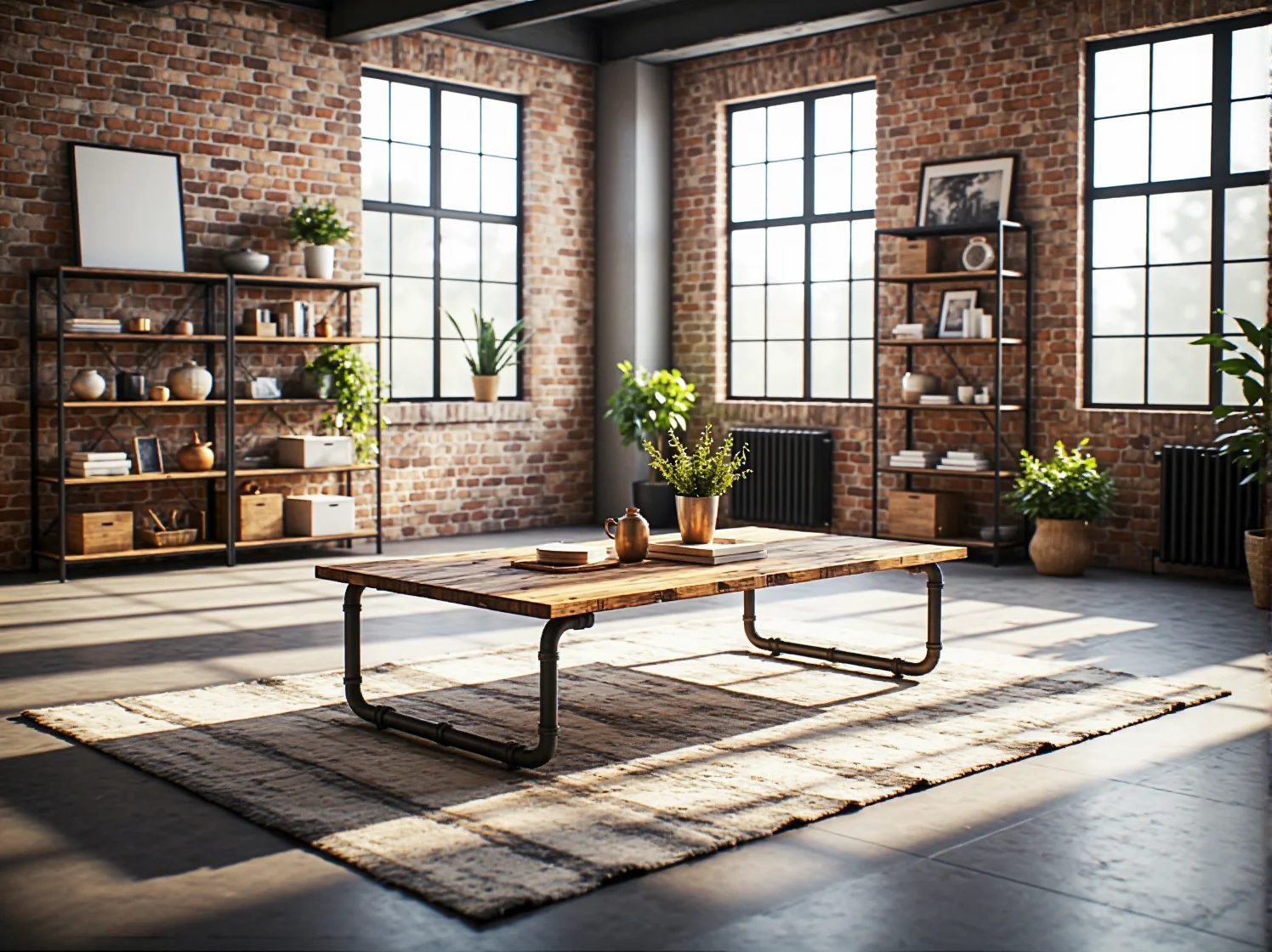 Industrialny stolik kawowy z drewna na metalowych rurach