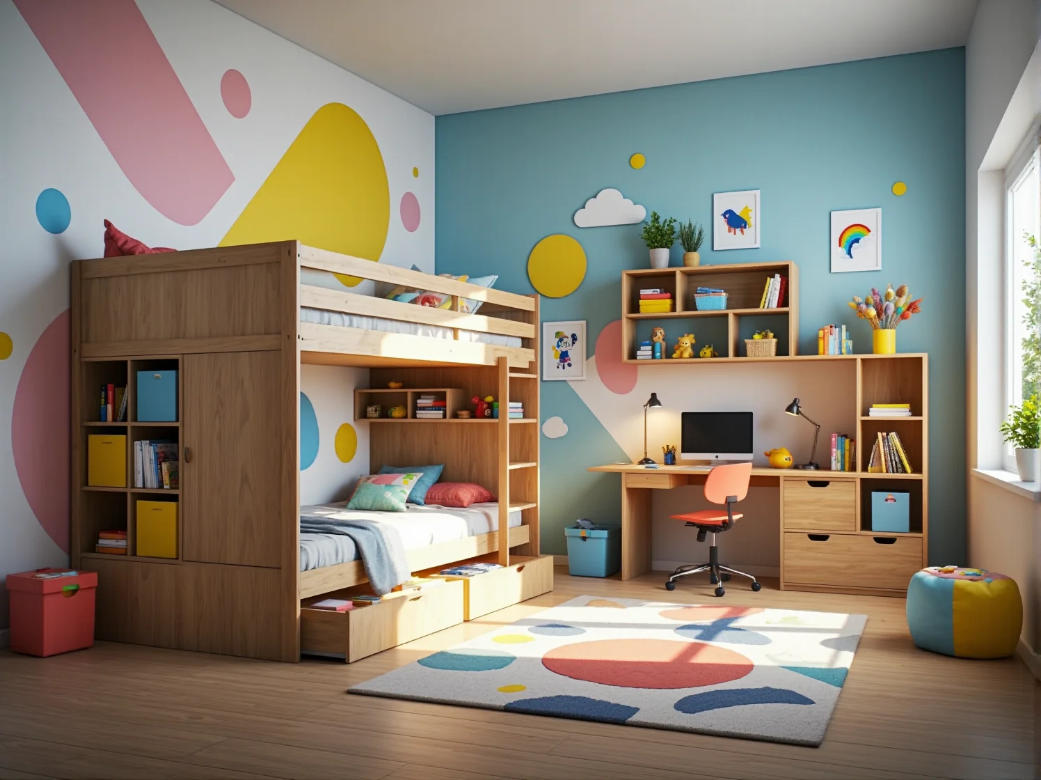 Łóżko piętrowe dąb craft z szufladami półkami i szafą