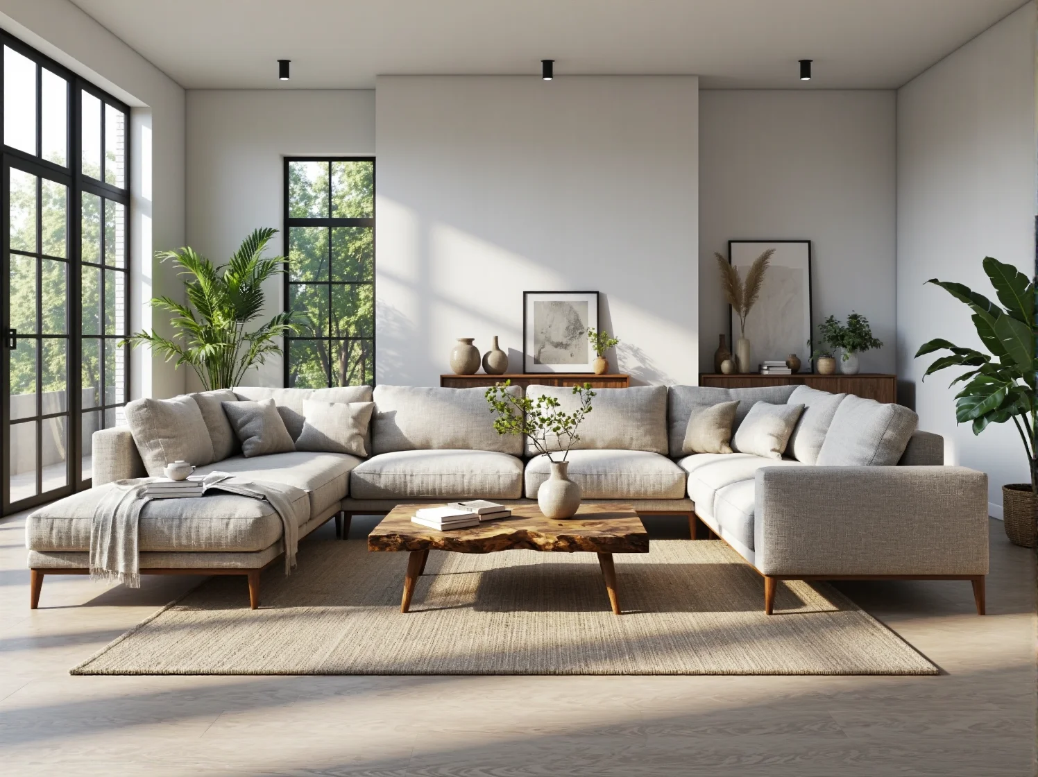 Narożnik modułowy jasnoszary na drewnianych nóżkach w stylu skandynawskim