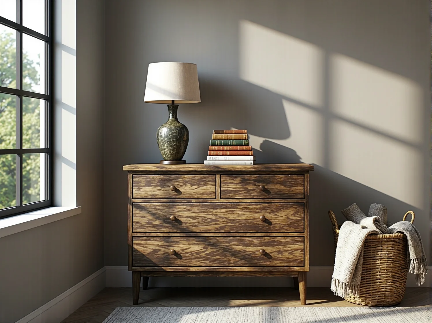 Stylowa komoda w stylu wiejskim pełniąca funkcję organizera w domowym biurze