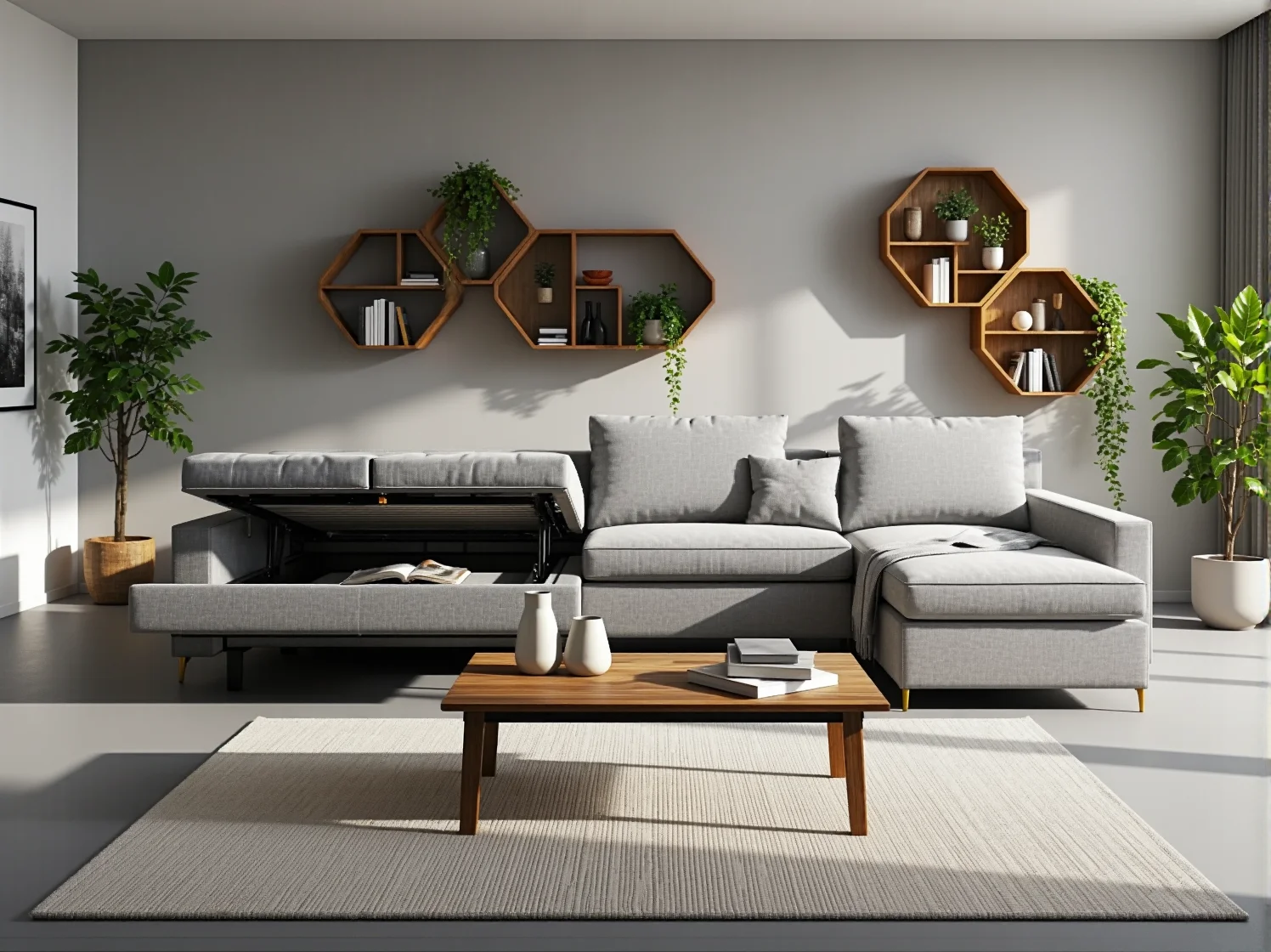 Narożnik szary z funkcją spania i schowkiem oraz półki heksagonalne dębowe