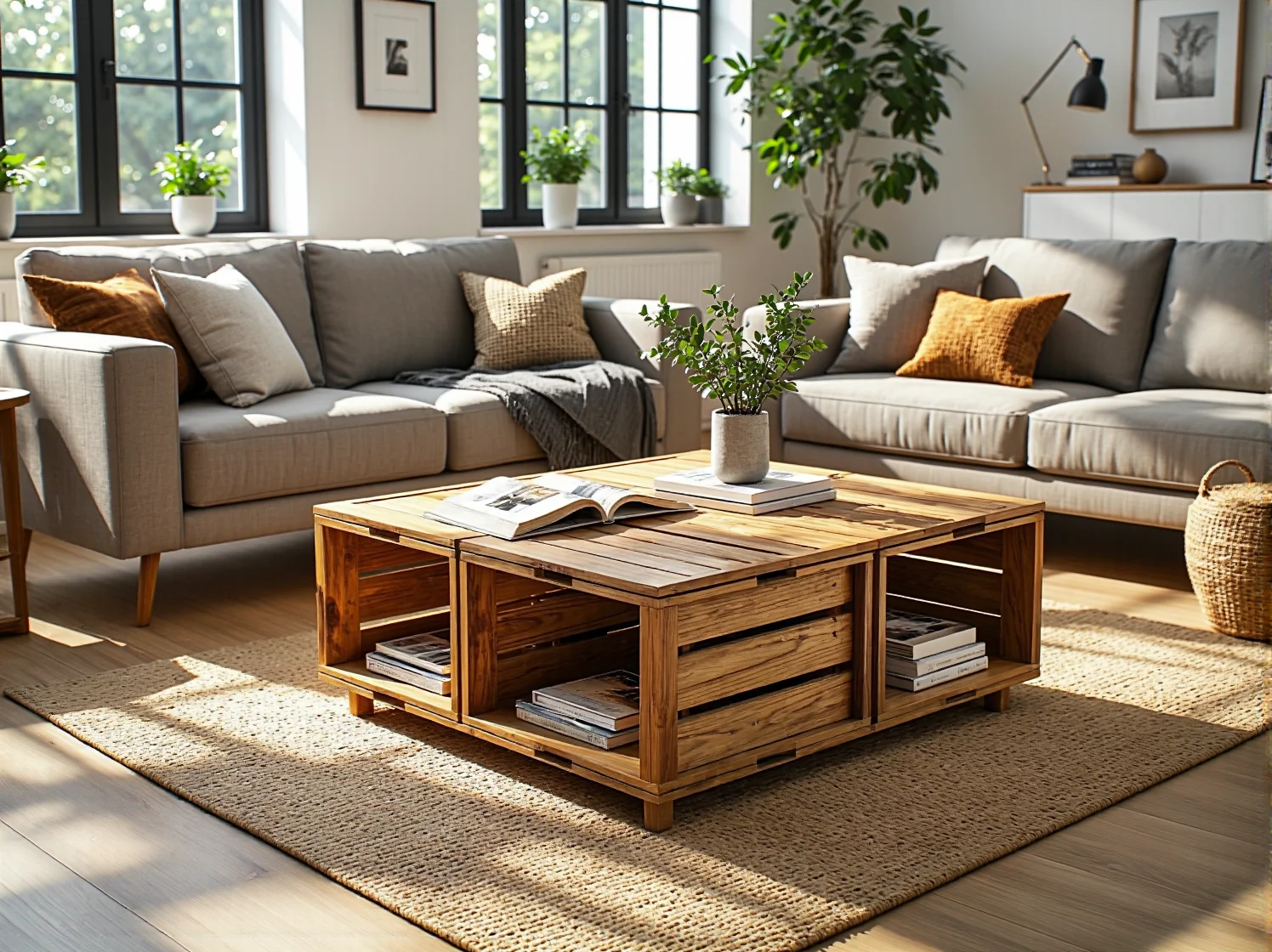 Stolik kawowy z drewnianych skrzynek z półkami na magazyny