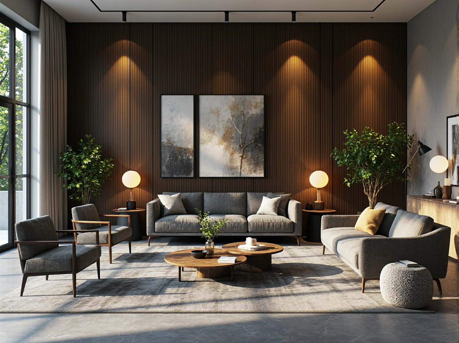 Minimalistyczne oświetlenie szynowe nad strefą wypoczynkową w niewielkim salonie