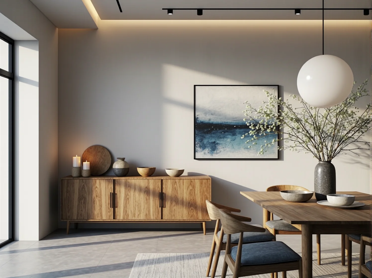 Minimalistyczna aranżacja jadalni ze stołem skandynawskim typu loft