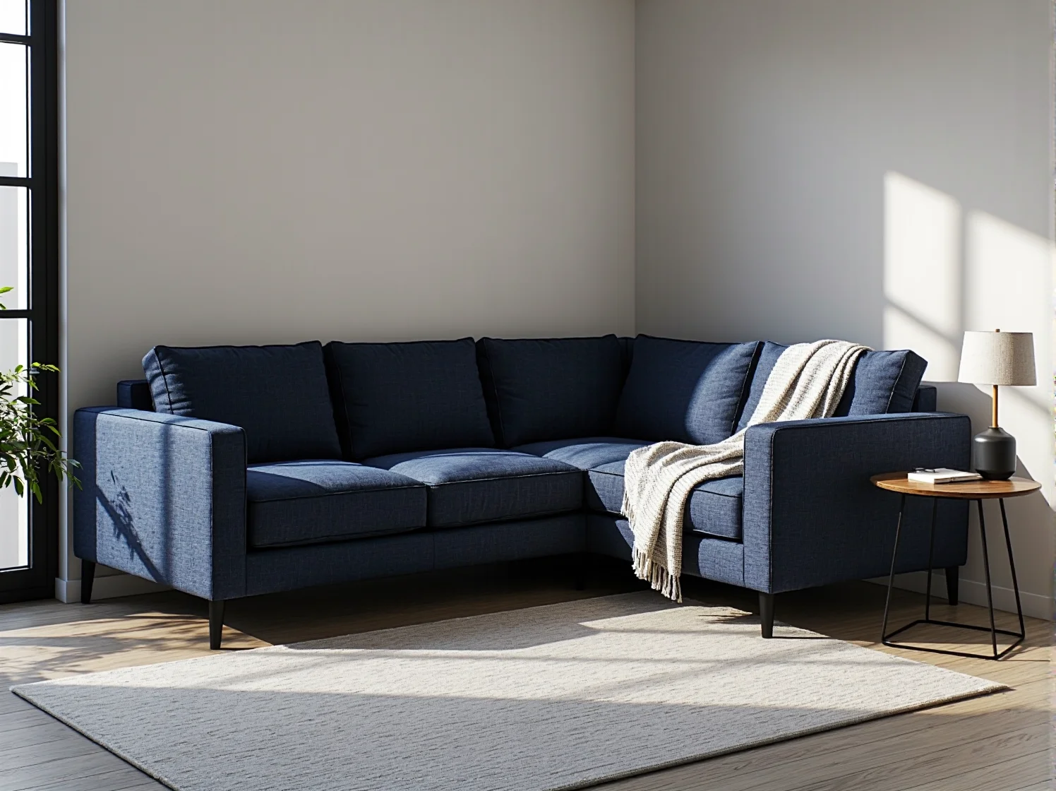 Stylowa beżowa kanapa narożna w stylu skandynawskim, modna aranżacja małego pokoju dziennego.