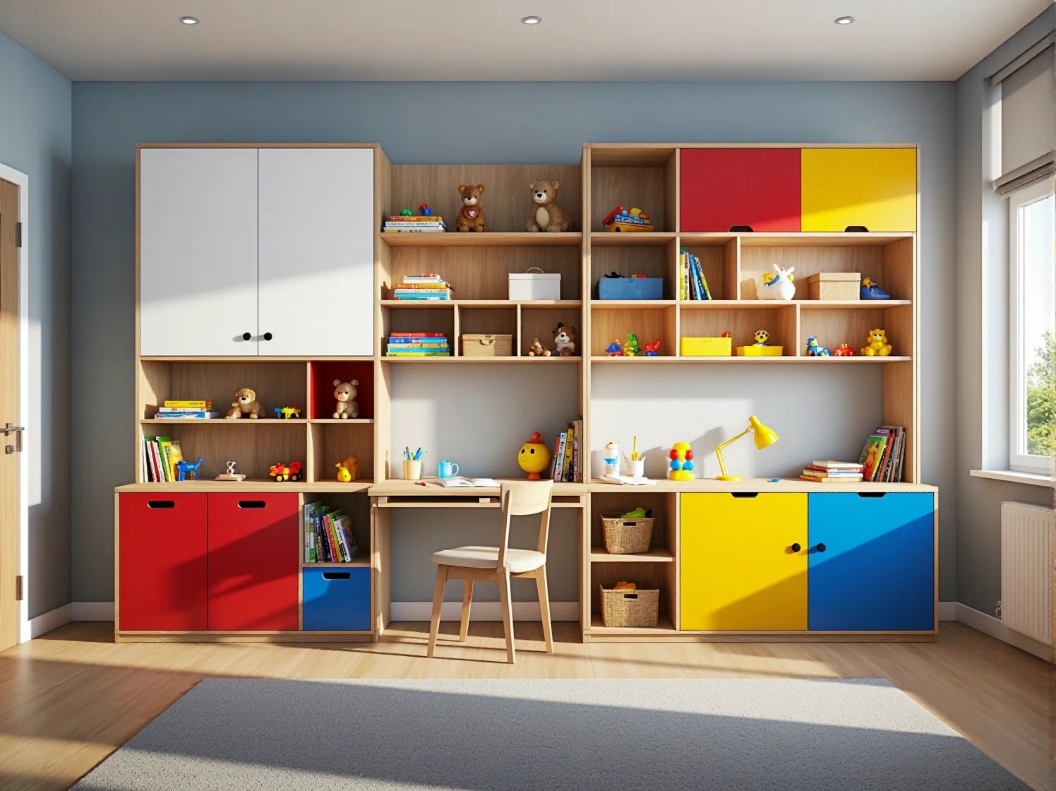 Modułowe regały na zabawki w pokoju dziecka, sprytne przechowywanie w małej przestrzeni.