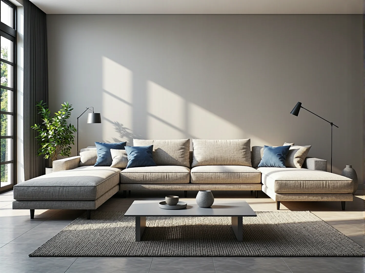 Nowoczesna sofa narożna beżowa z poduszkami dekoracyjnymi