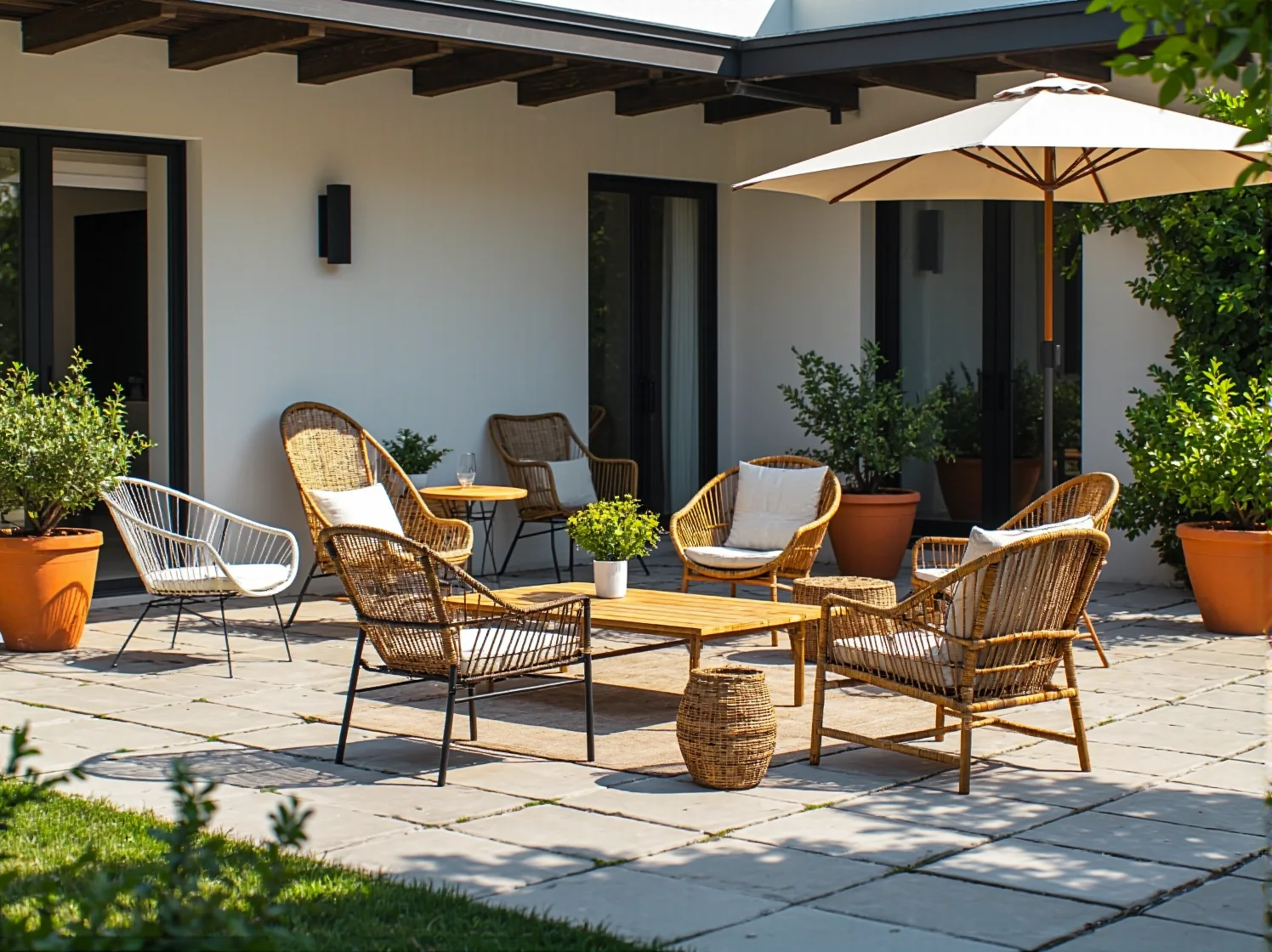 Rattanowe krzesła ogrodowe z poduszkami i drewniany stolik kawowy