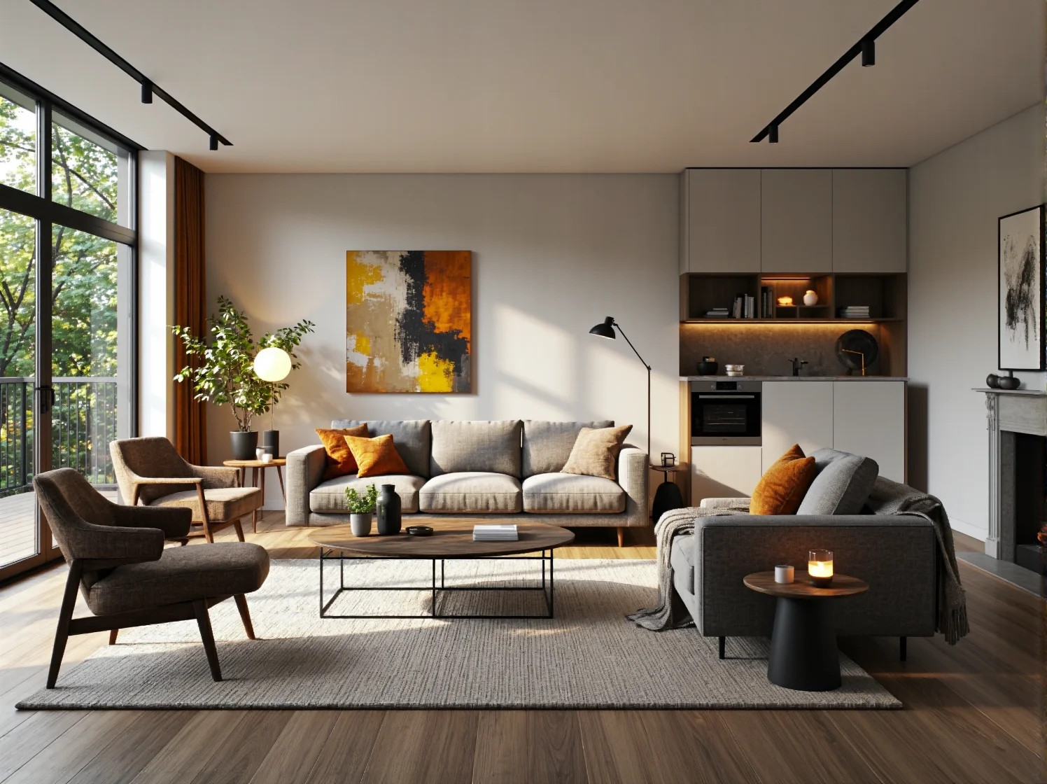 Geometryczne oprawy elewacyjne w kolorze antracytowym zamontowane na ciemnej ścianie zewnętrznej.