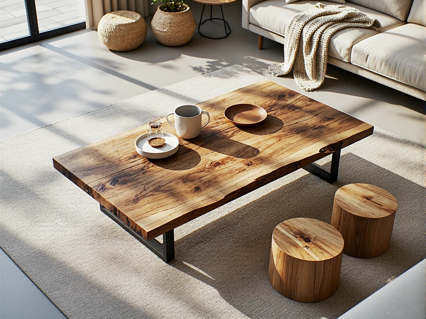 Minimalistyczny stolik kawowy z certyfikowanego drewna w jasnym wnętrzu w stylu skandynawskim.