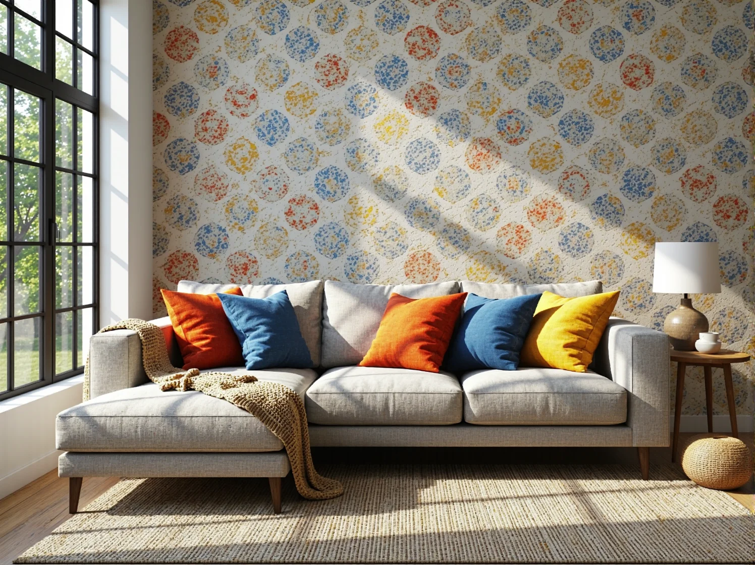 Nowoczesna kanapa narożna szara z kolorowymi poduszkami