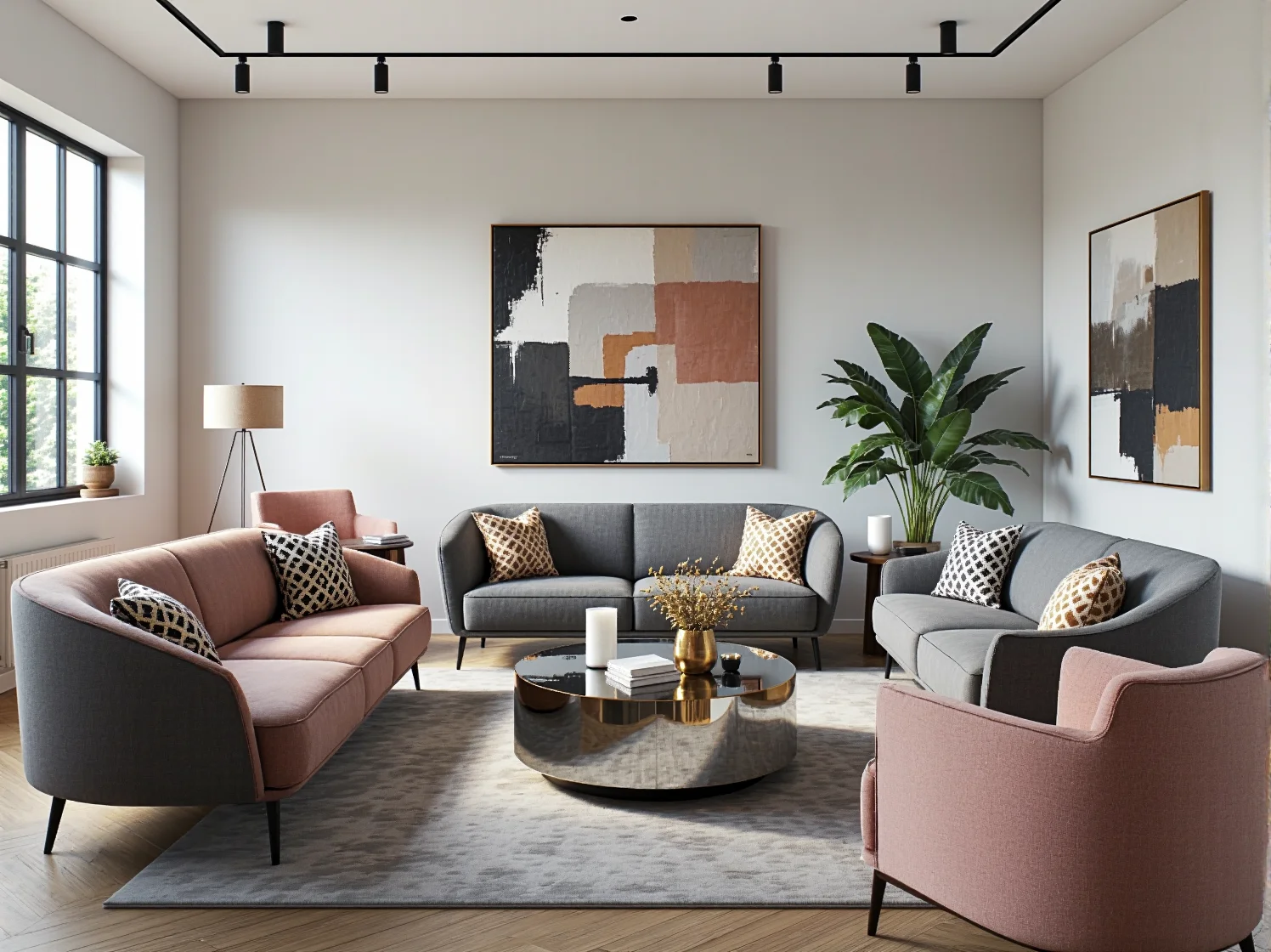 Kryształowy żyrandol oświetlający nowoczesną salę konferencyjną w stylu glamour.