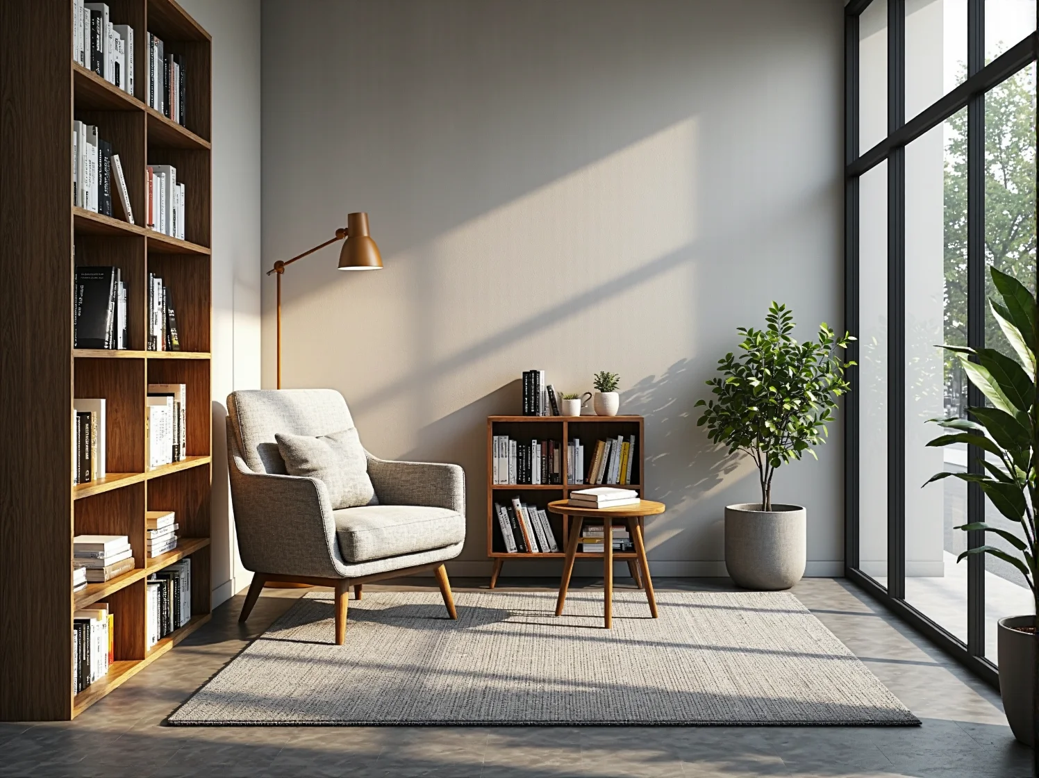 Drewniana lada i wiszące lampy w skandynawskiej aranżacji małego lokalu gastronomicznego.