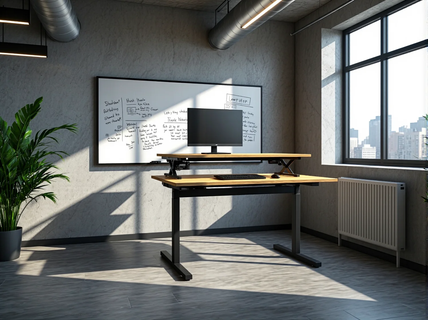 Wiszące lampy industrialne oświetlające strefę pracy w coworkingu