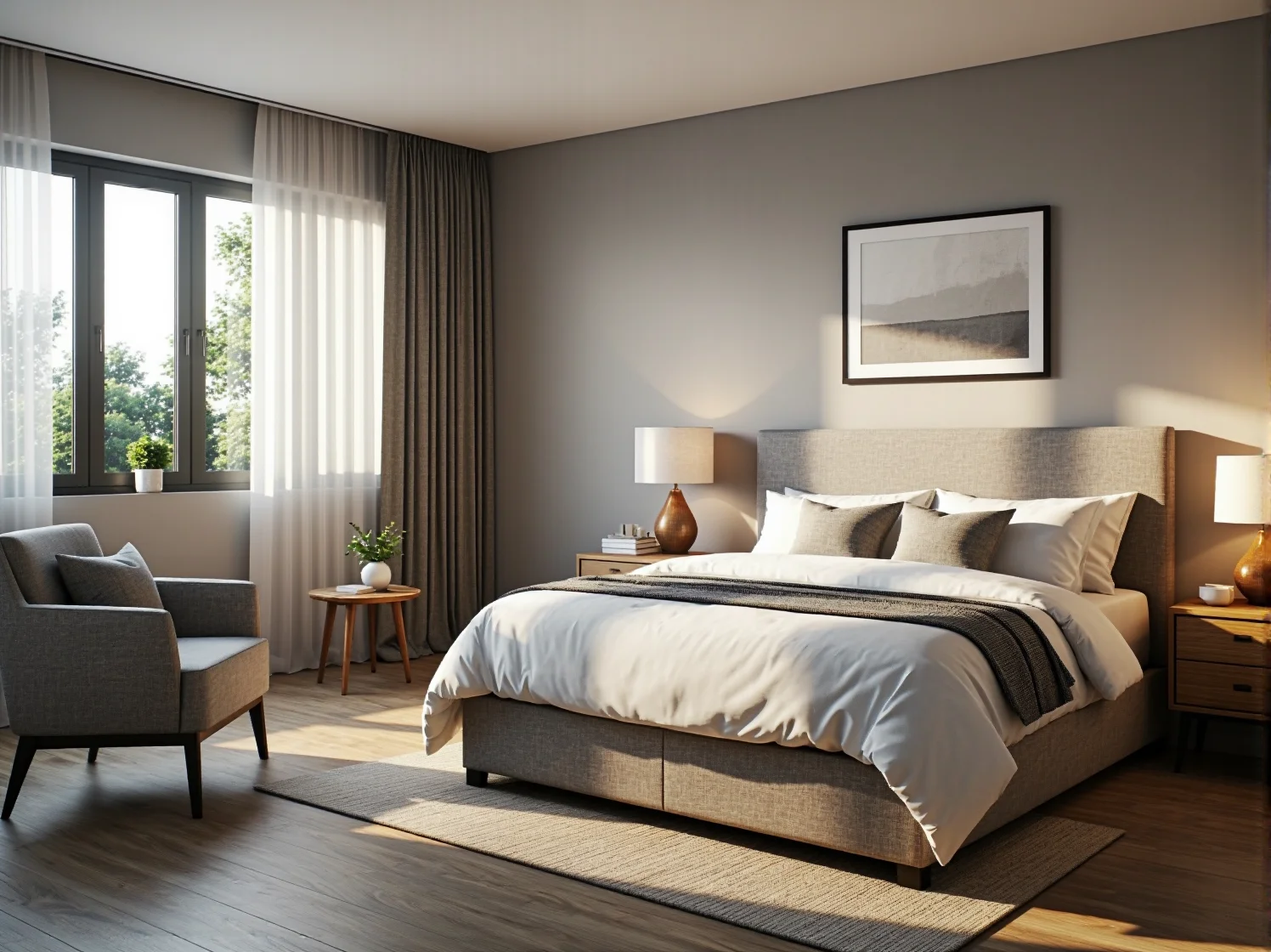 Tapicerowane łóżko dwuosobowe szare z wysokim zagłówkiem