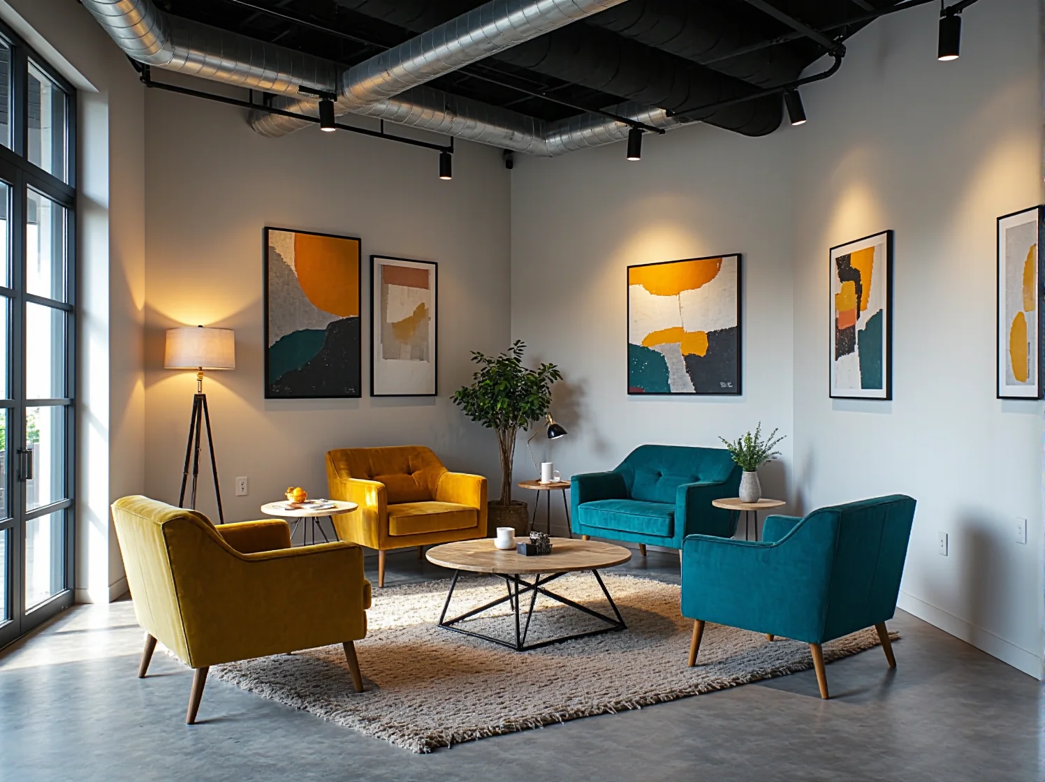 Przemysłowe lampy i ciepła kolorystyka ścian w biurze urządzonym w stylu lat 70.