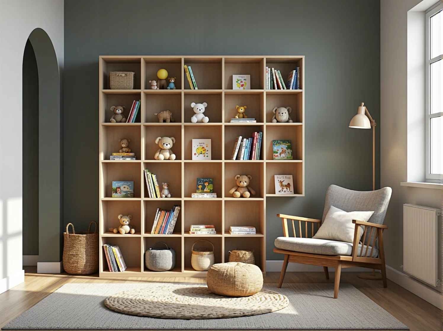 Minimalistyczny wystrój kącika dla dziecka z fotelem do karmienia i półkami